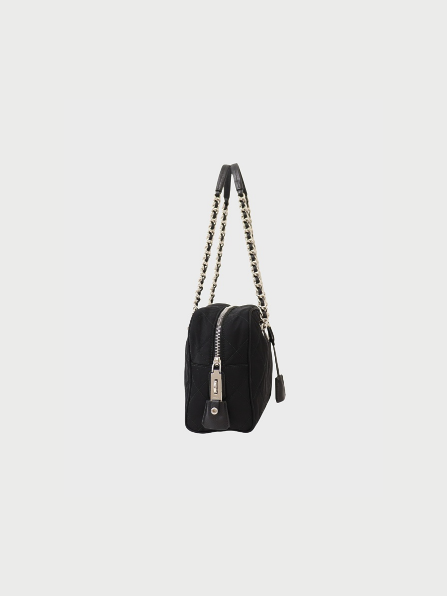 Prada 2000s Black Quilted Nylon Leather Triangle Logo Chain Tote Bag
