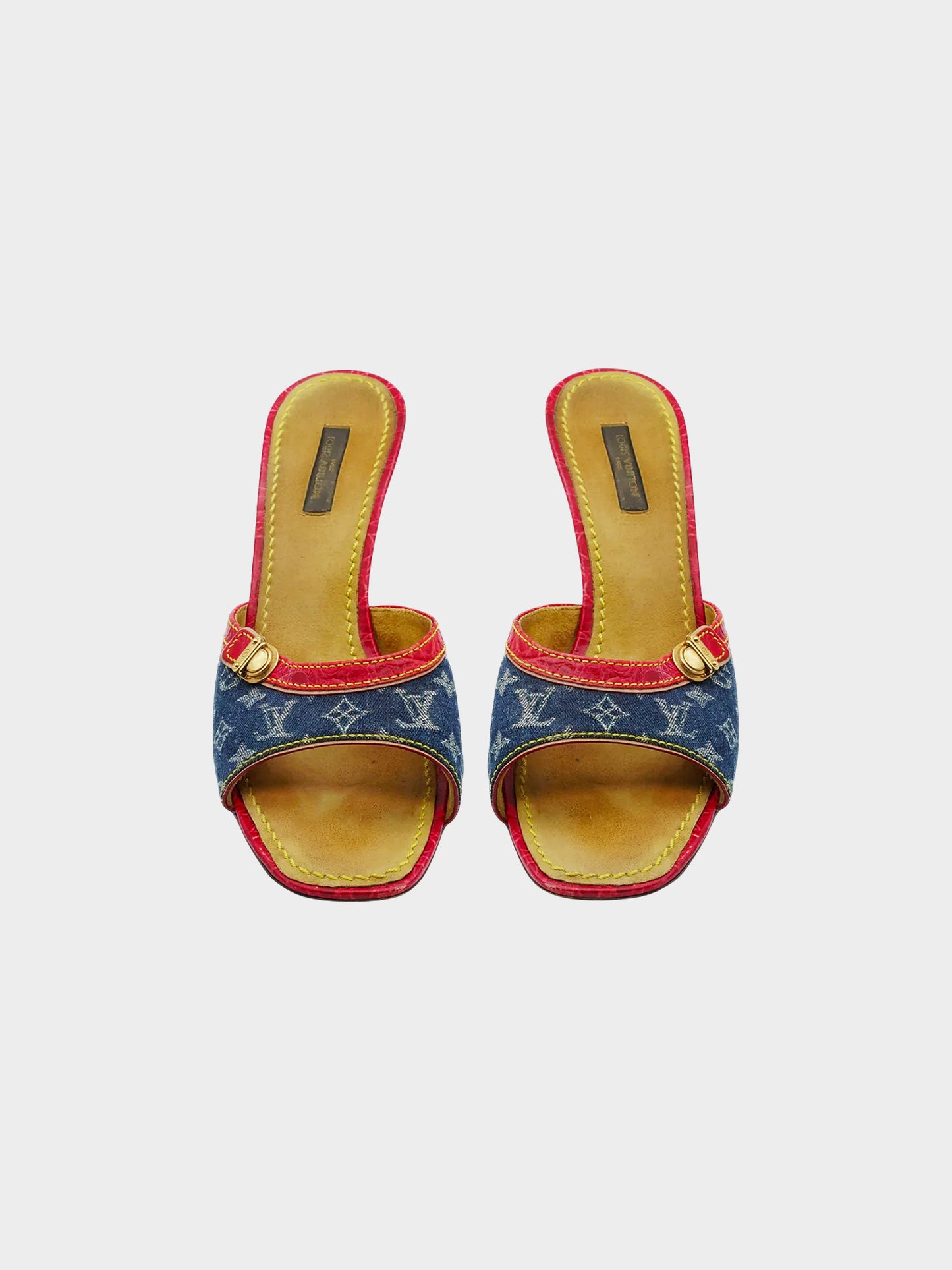 Louis Vuitton Resort 2005 Denim Monogram Heels with Red Alligator Trim