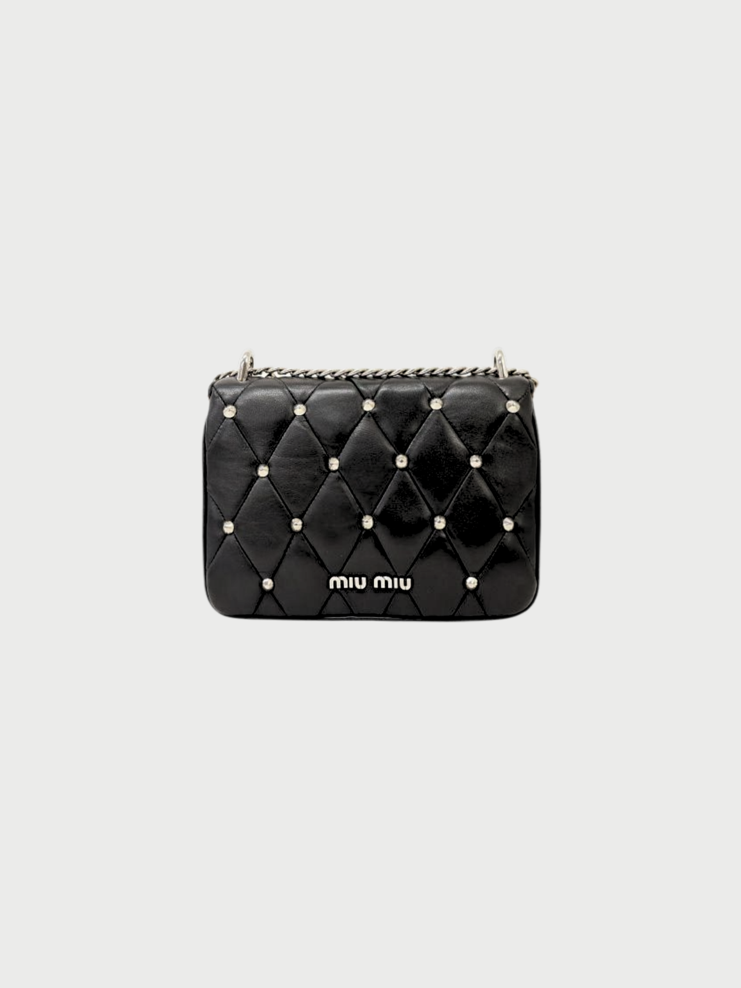 Miu Miu 2000s Black Leather Logo Studded Chain Shoulder Bag