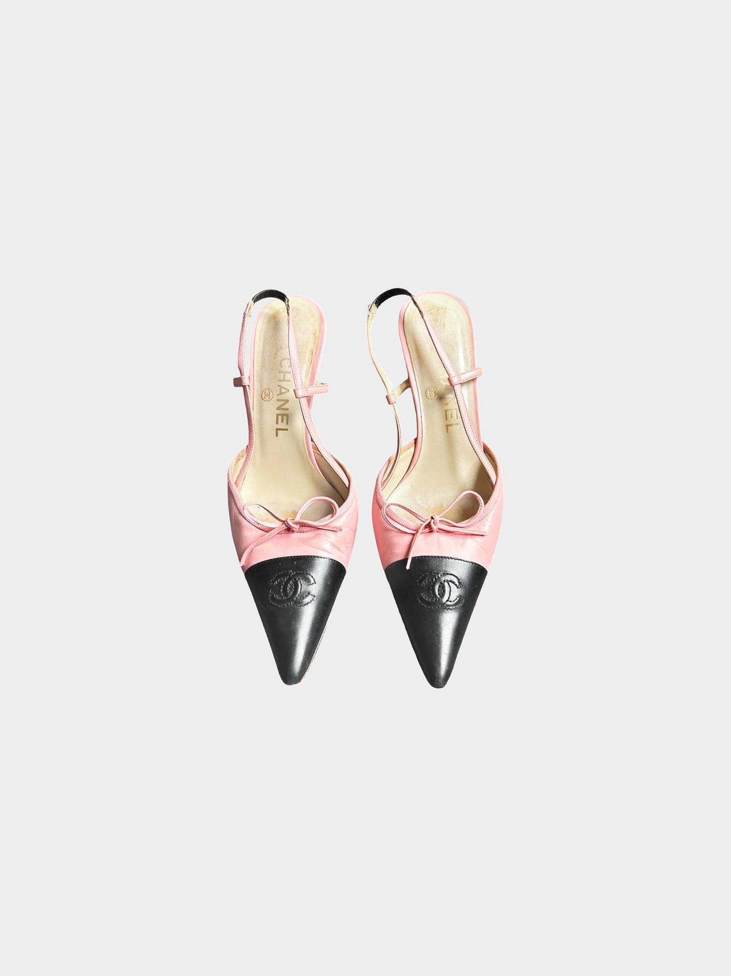 Chanel 2000s Pink and Black CC Pointed Toe Slingback Heels