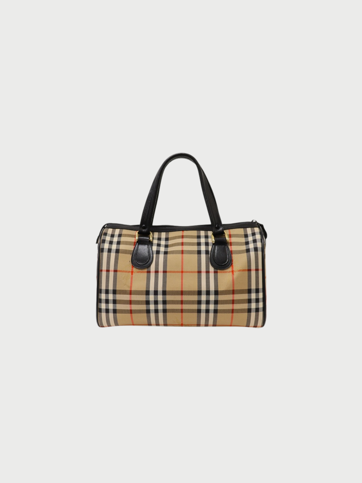 Burberry 2000s Beige Black Check Canvas Leather Boston Bag