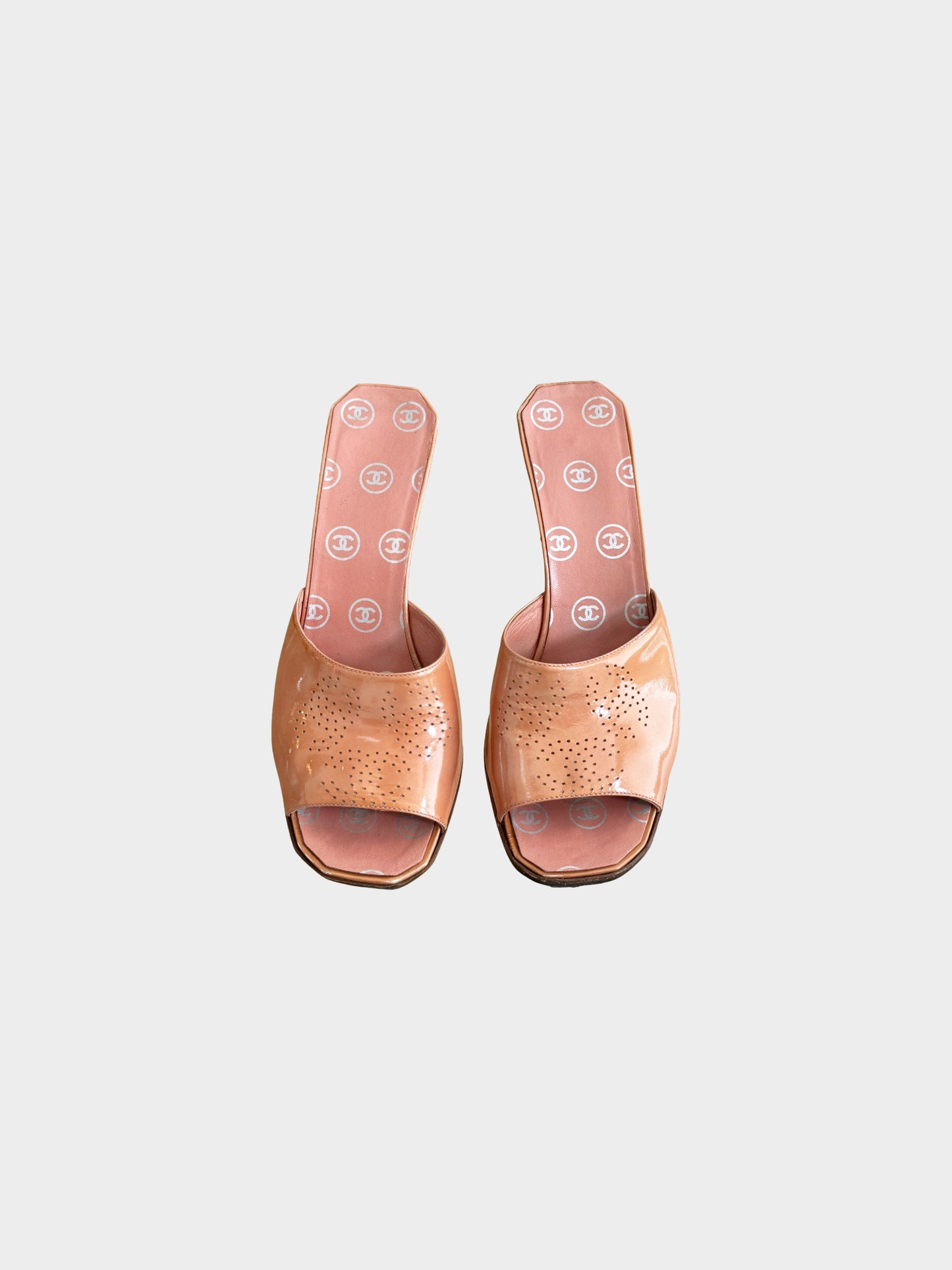 Chanel 2000s Salmon Pink Patent Leather Heeled Sandals