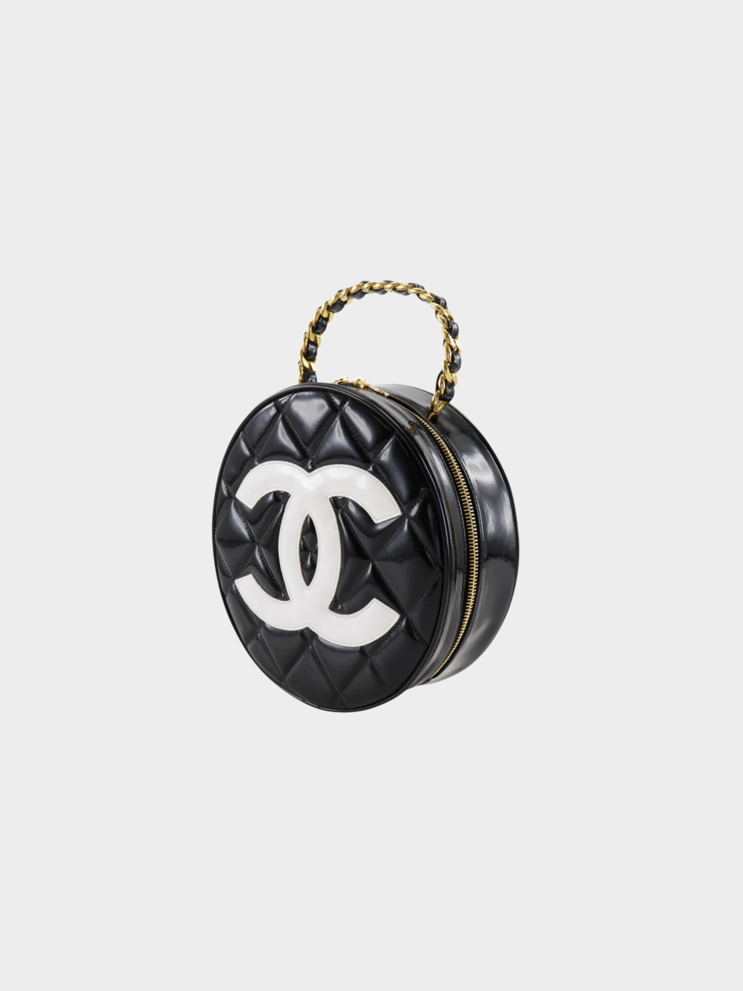 Chanel 1990s Black White Patent Leather Round Vanity Handbag