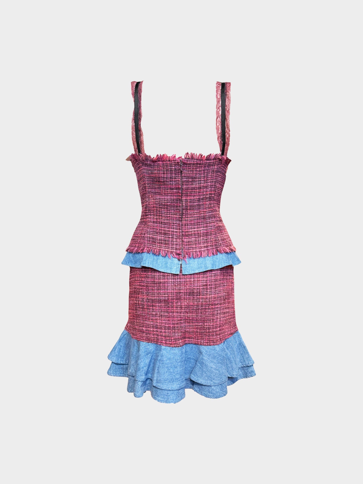 Dolce and Gabbana 2000s Burgundy and Denim Trim Tweed Top and Skirt Set