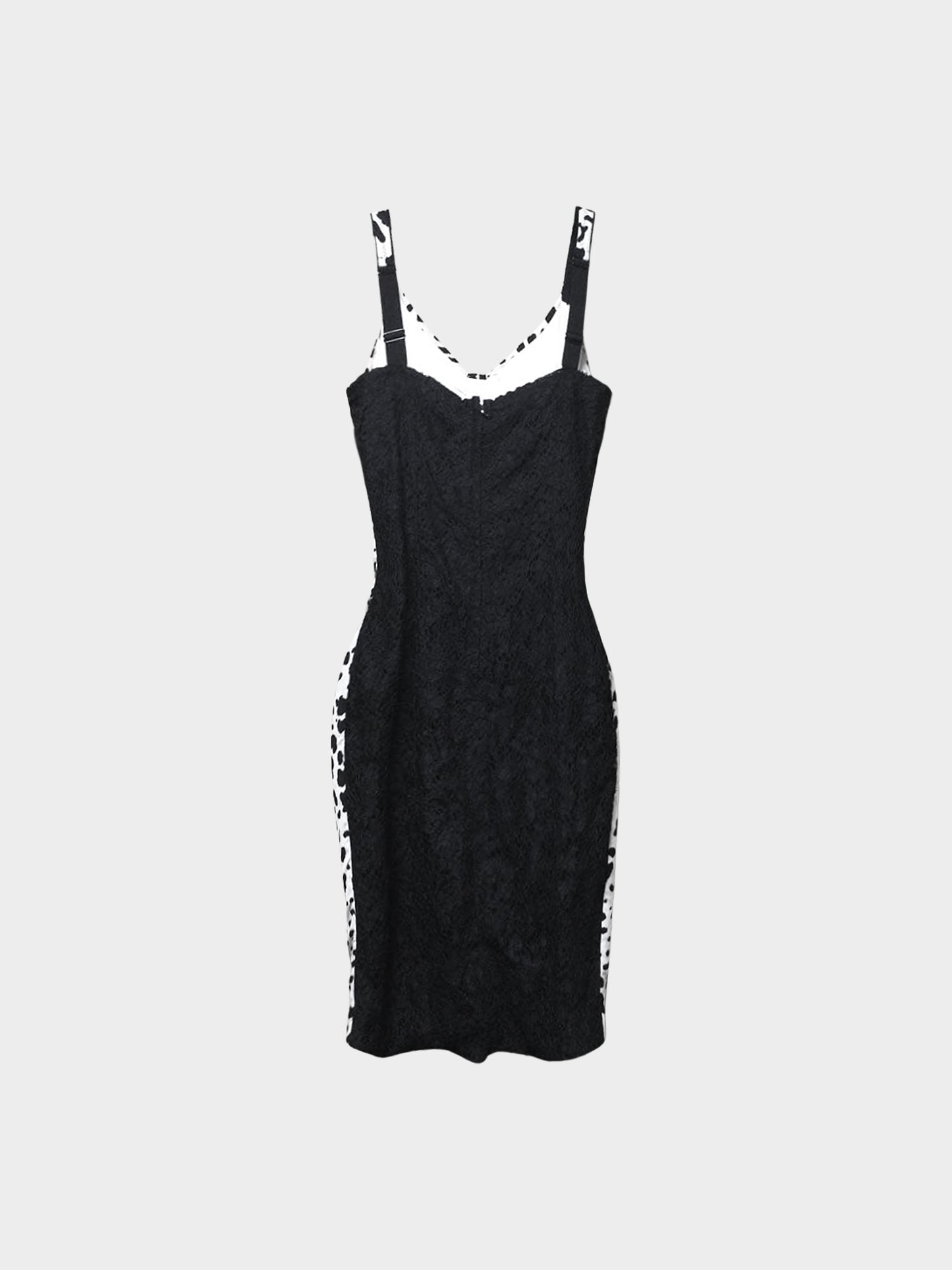 Dolce and Gabbana 2000s Black and White Leopard Print and Lace Ruched Dress