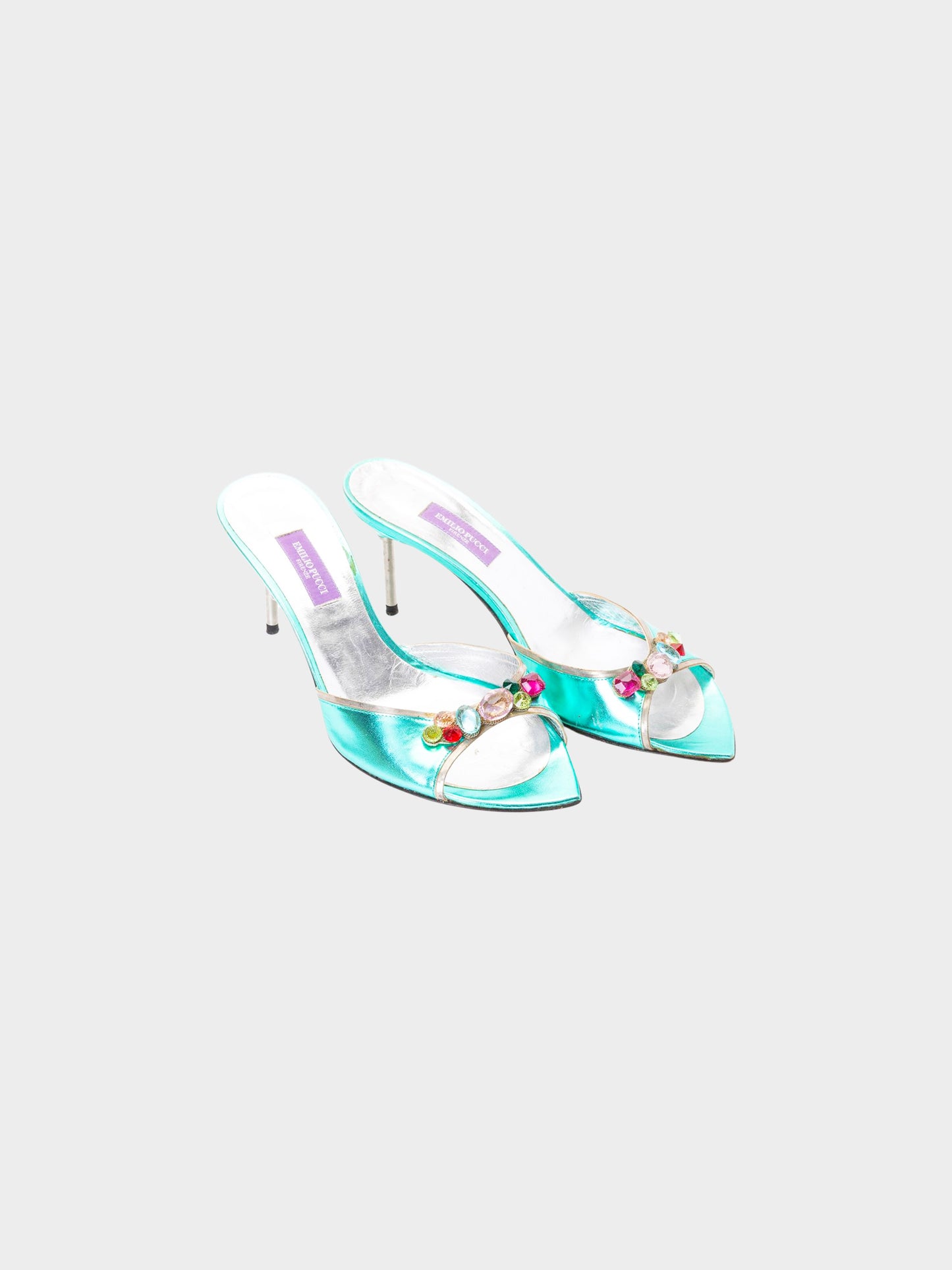 Emilio Pucci 2000s Blue and Silver Metallic Leather Crystal-Embellished Mules