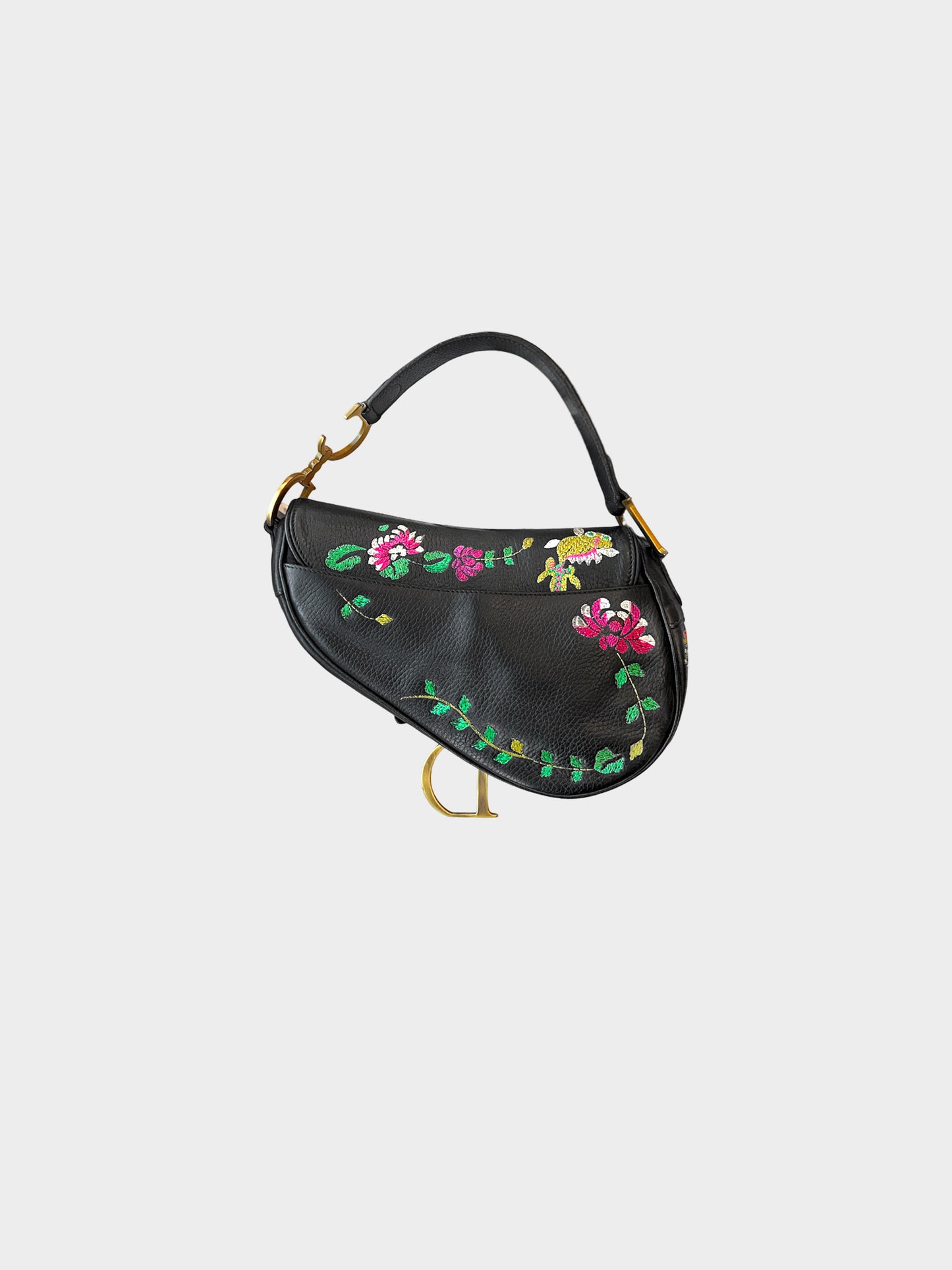 Christian Dior Early 2000s Limited Edition Black Embroidered Floral And Koi Saddle Bag