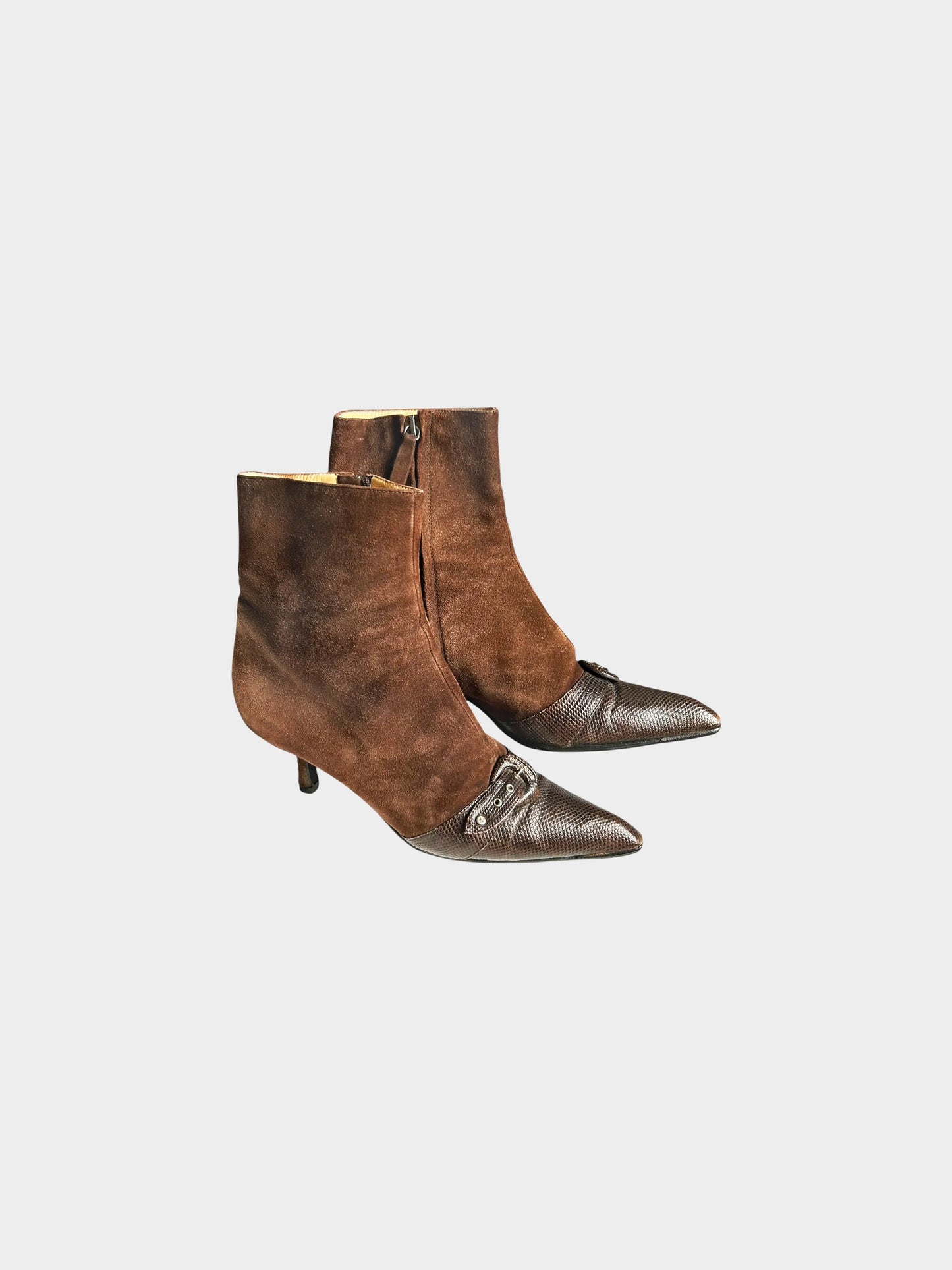 Chanel 2000s Brown Suede and Lizard Leather Buckled Ankle Boots