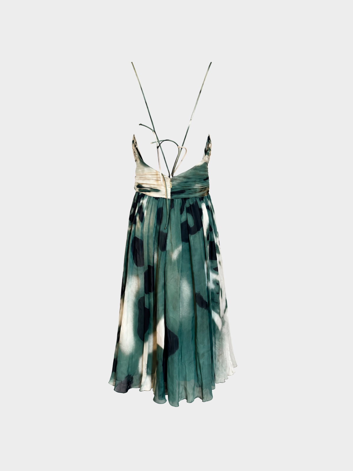 Roberto Cavalli 2000s Beige Green Abstract Print Pleated Silk Mini Dress