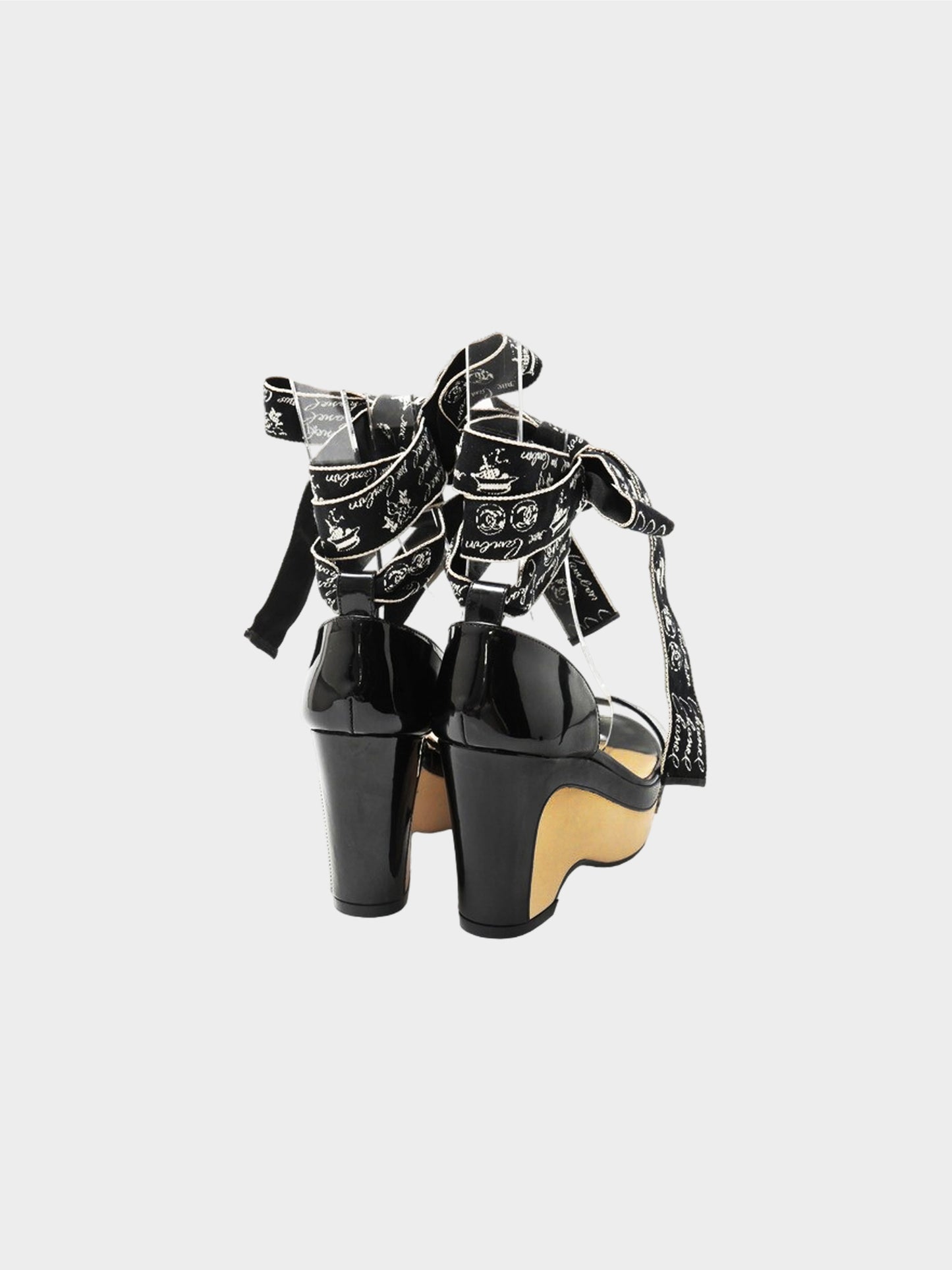 Chanel by Karl Lagerfeld Cruise 2006 Black and Beige Patent Leather Lace-up Wedged Heels