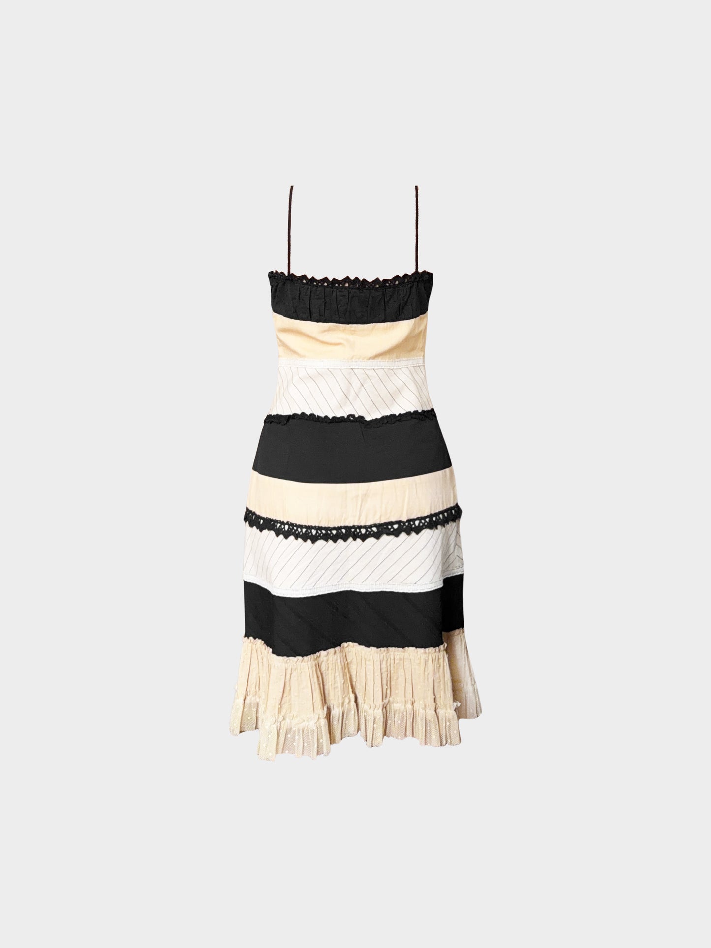 Moschino SS 2003 Black and Beige Lace and Stripe Midi Dress