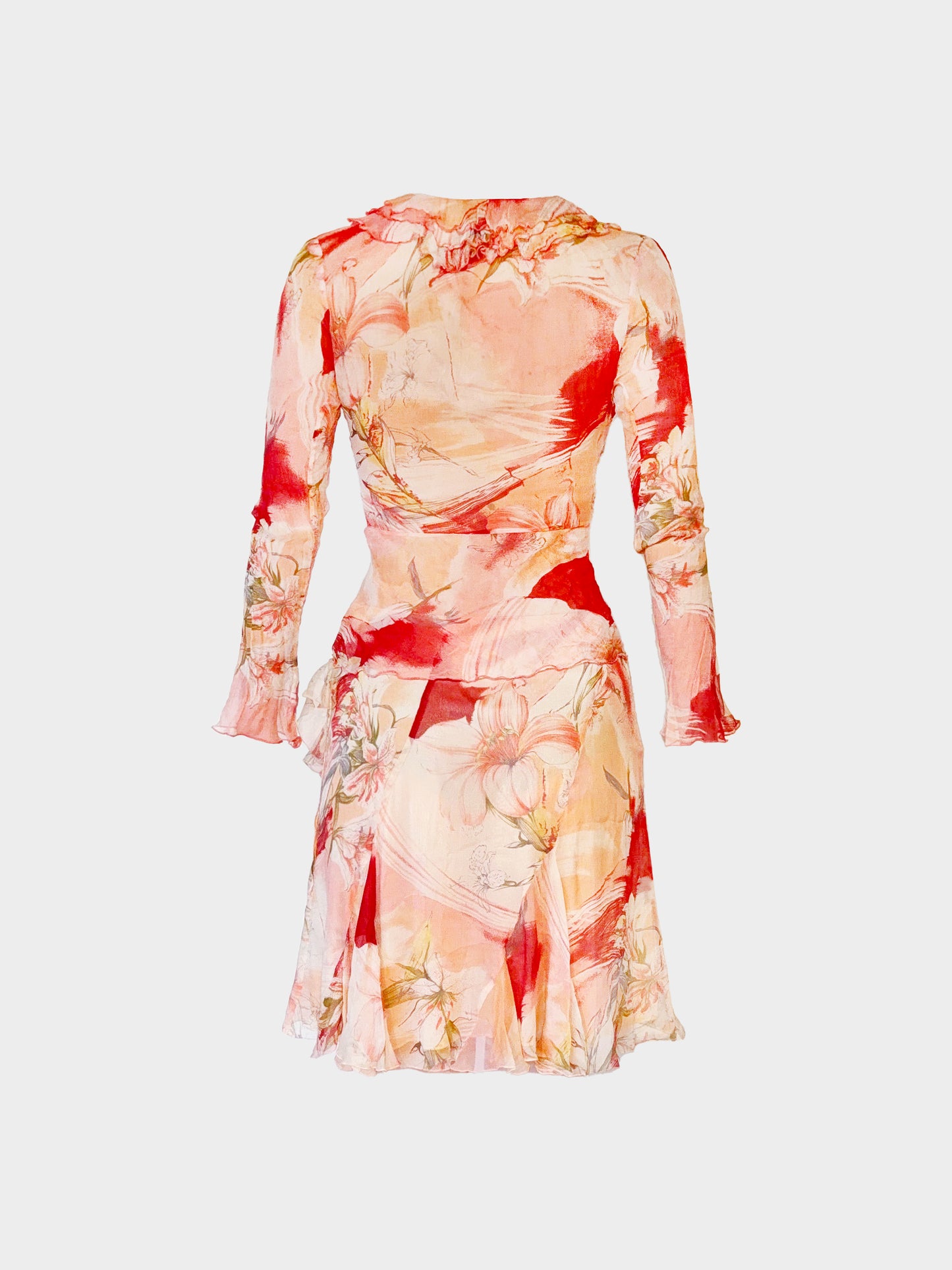Blumarine 1990s Pink and Red Floral Ruffled Silk Top and Skirt Set