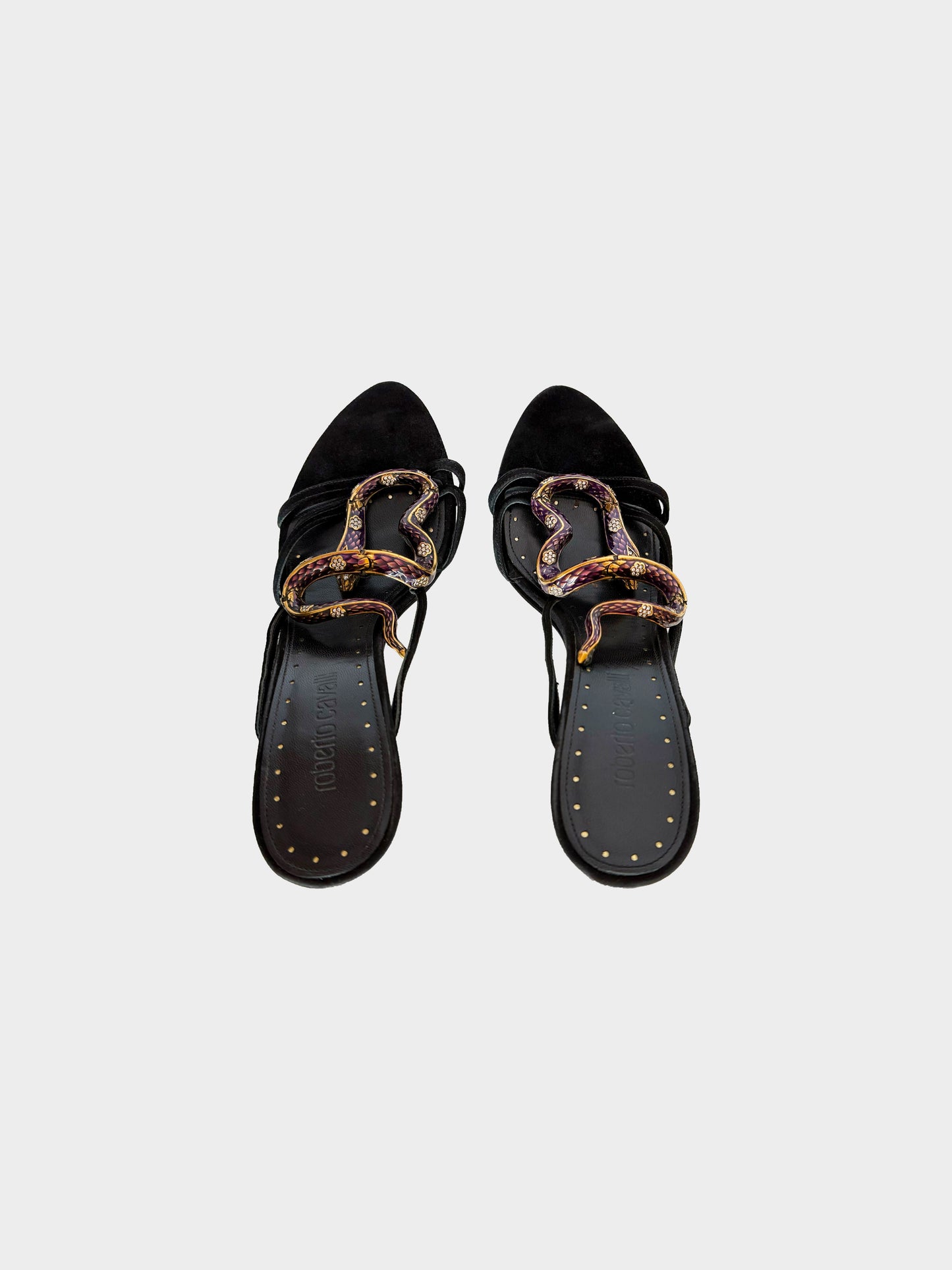 Roberto Cavalli Late 2010s Black and Purple Snake Heels