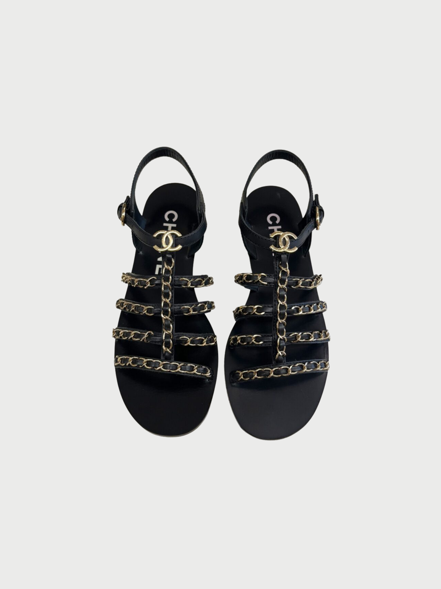 Chanel 2023 Black Leather Chain CC Flat Sandals