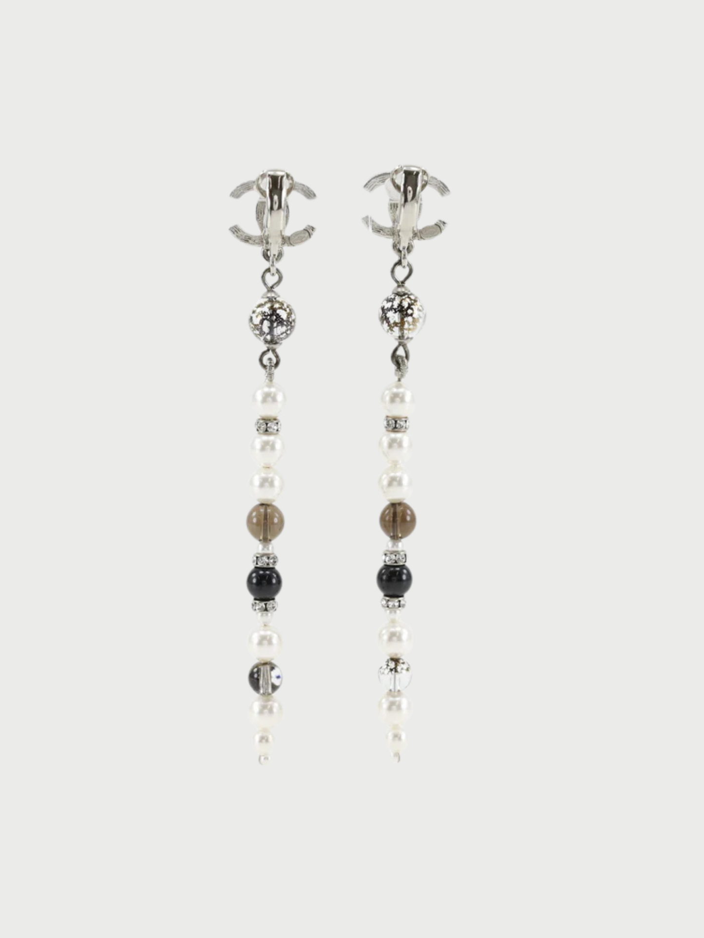 Chanel 2010s Silver Metal Pearl Rhinestone COCO Mark Long Earrings