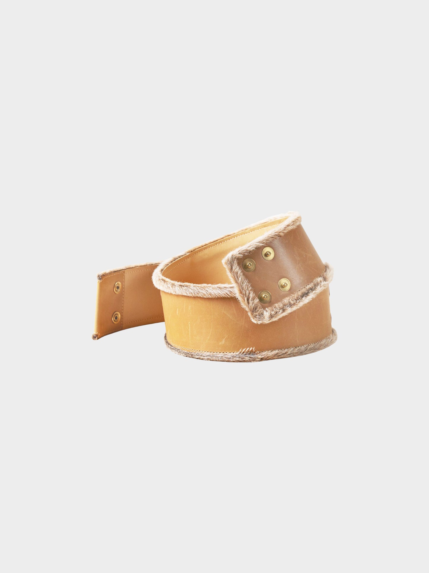 Chanel FW 2001 Beige Leather CC Belt with Faux Fur Trim