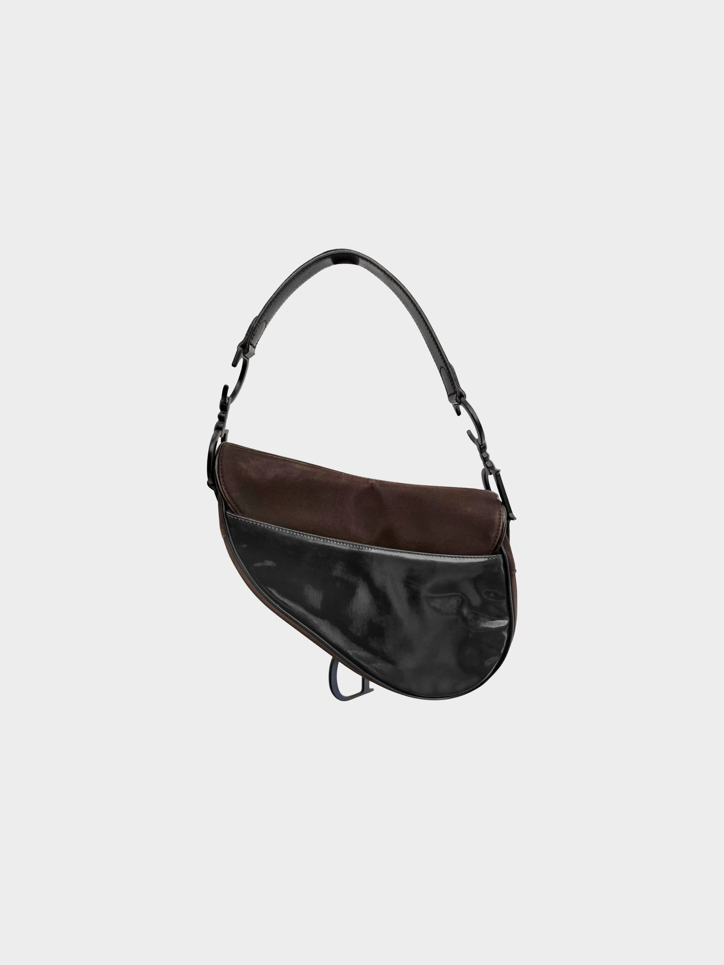 Christian Dior 2000 Dark Brown Canvas and Black Patent Leather Saddle Bag