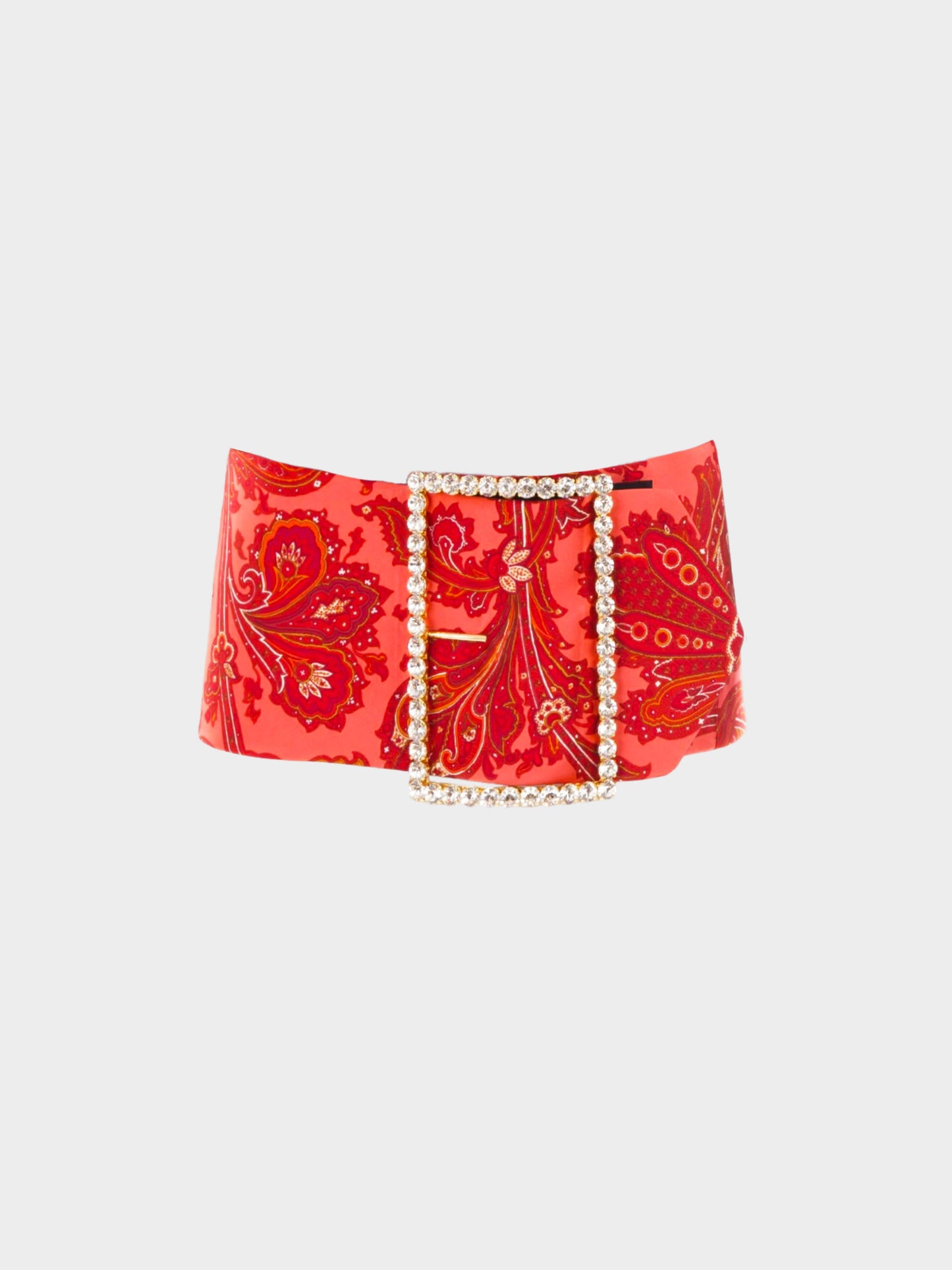 Dolce and Gabbana SS 2000 Runway Red Paisley Print Micro Miniskirt with Swarovski Buckle