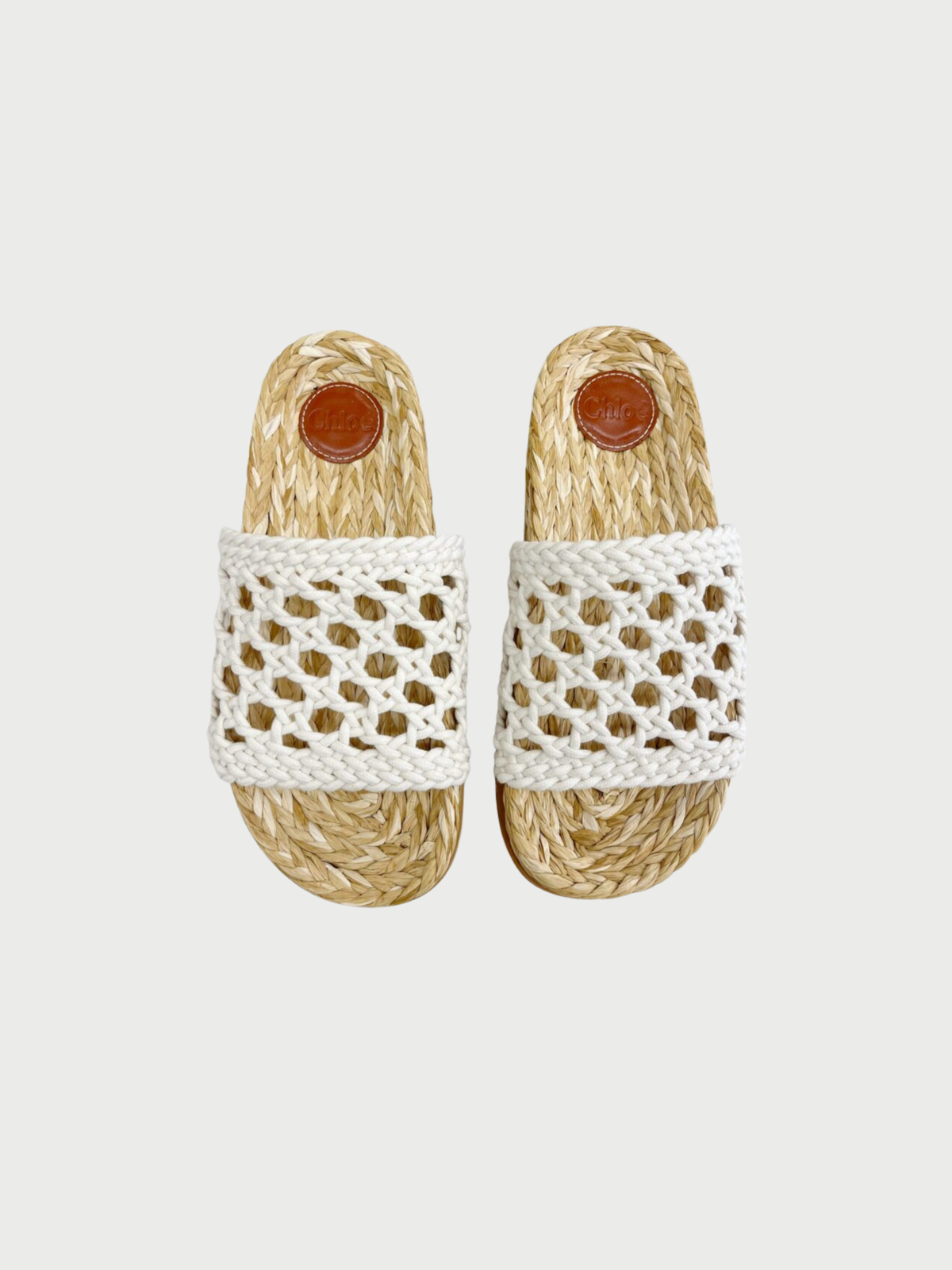 Chloé 2020s Cream Raffia Wavy Crochet Slides