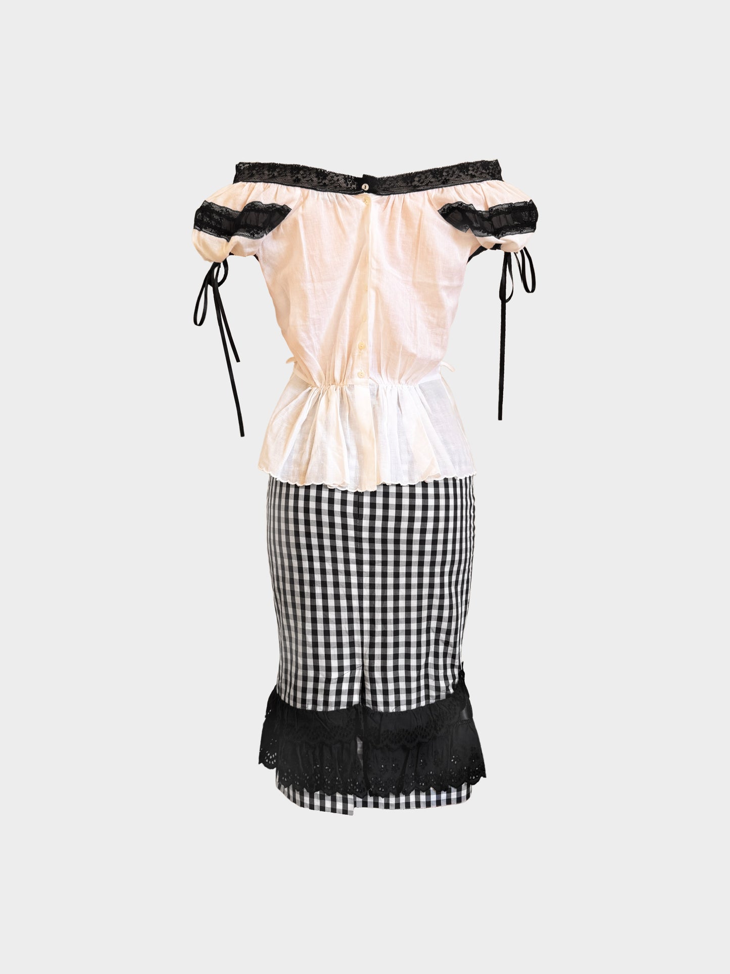 Dolce and Gabbana SS 2006 White and Black Lace Trim and Check Print Top and Skirt Set