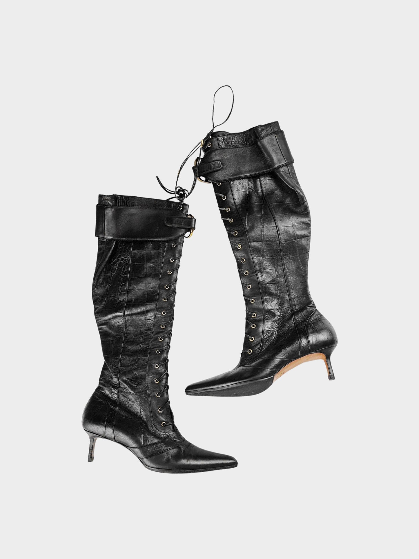 Christian Dior by John Galliano FW 2000 Black Croc Embossed Lace-up Leather Boots