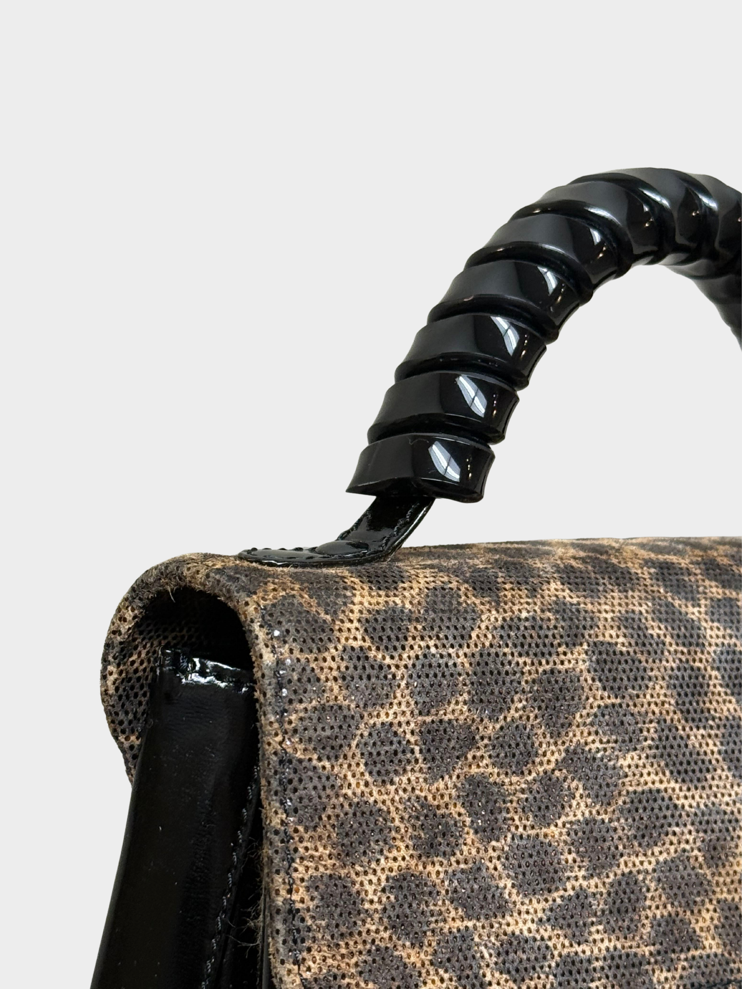 Loewe 1990s Black Leopard Velazquez Twist Handle Handbag