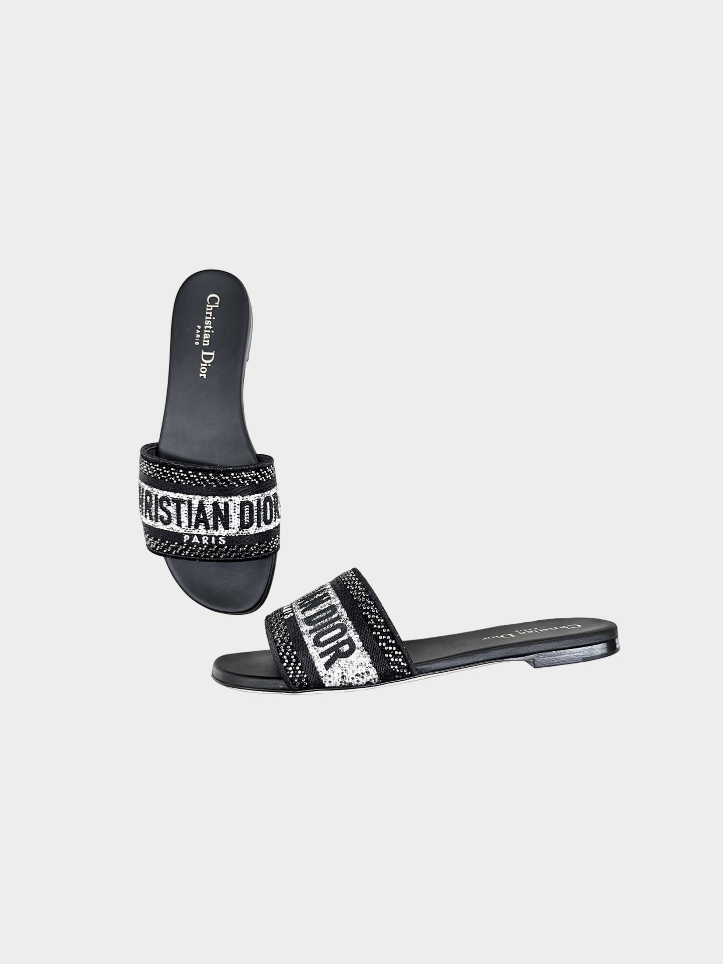 Christian Dior 2020s Black and Silver Rhinestone Dway Slides