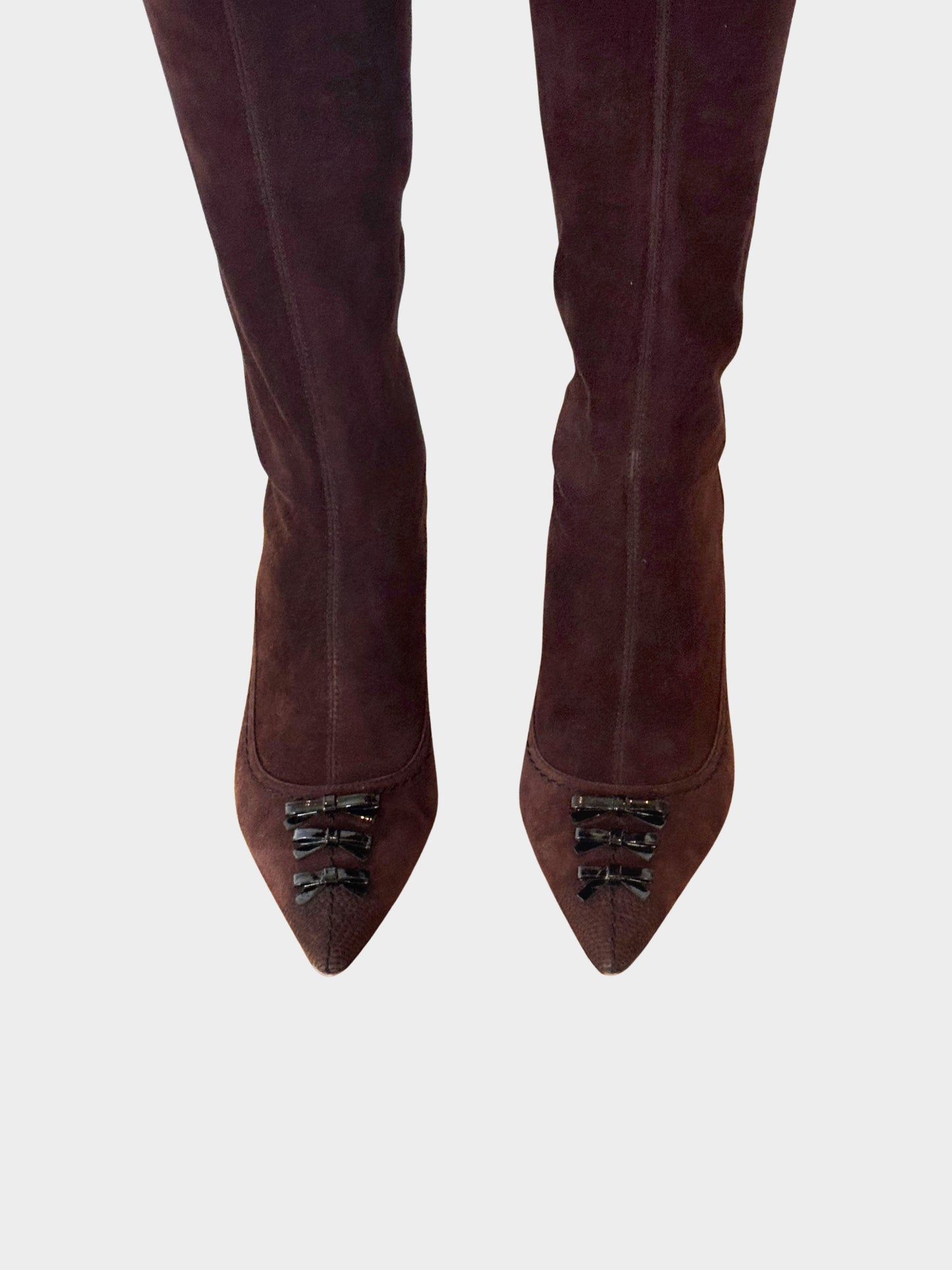 Louis Vuitton 2000s Brown Suede Long Boots with Patent Leather Bow Details