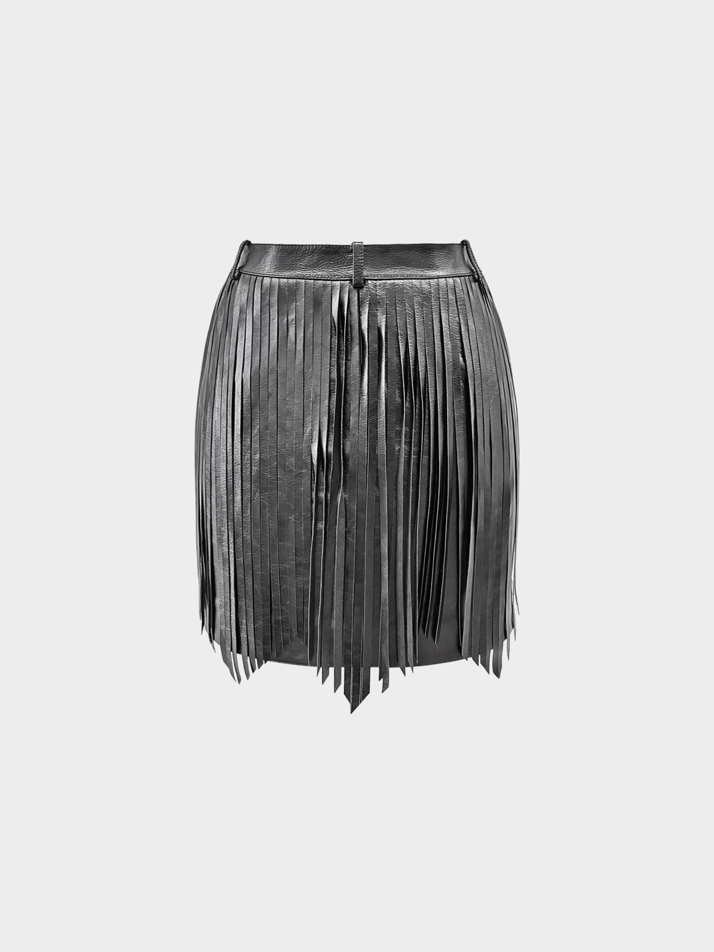 Chanel 2022 Black Calfskin Leather Fringe Mini Skirt