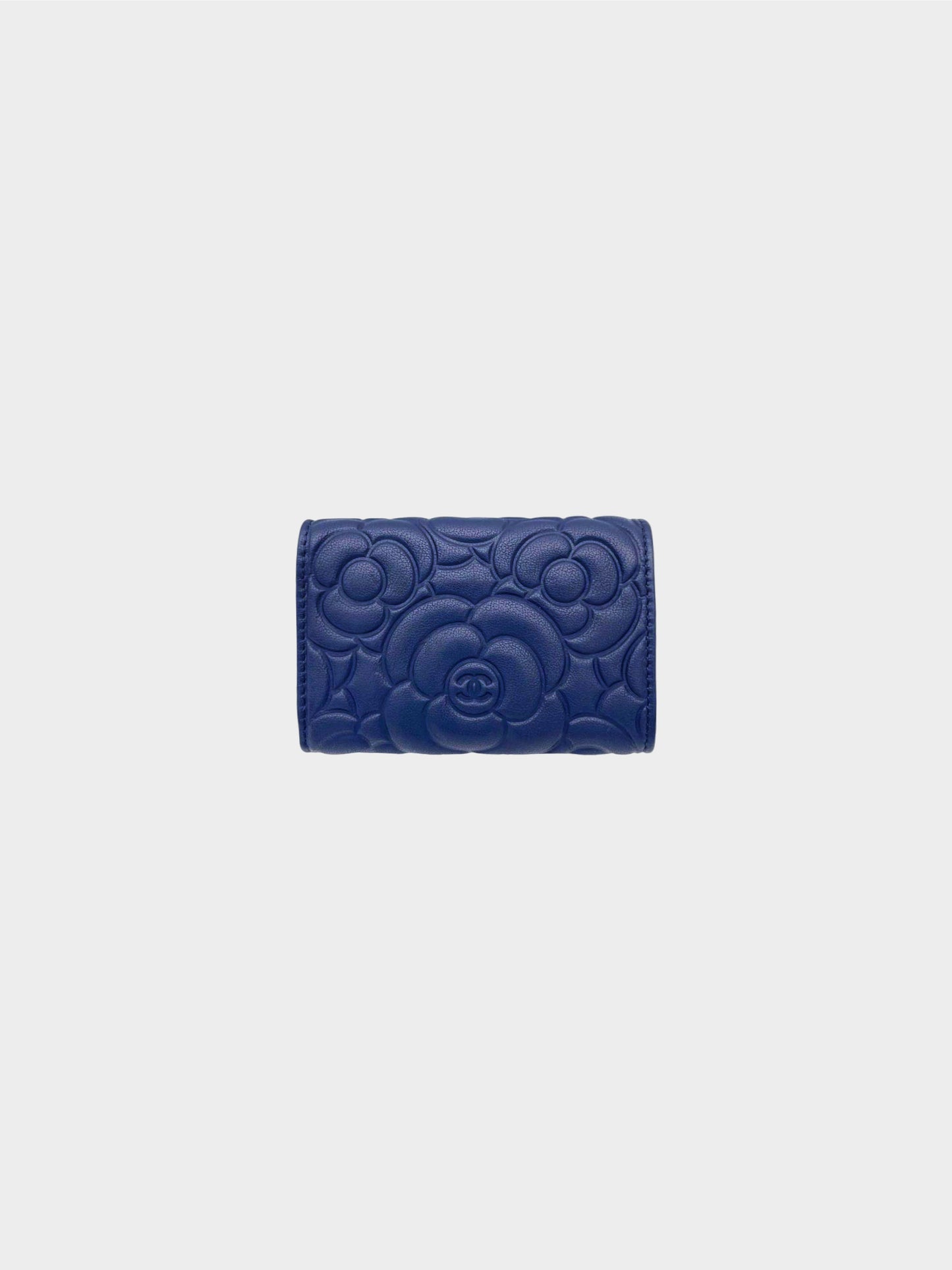 Chanel 2019 Navy Camellia Embossed Trifold Wallet