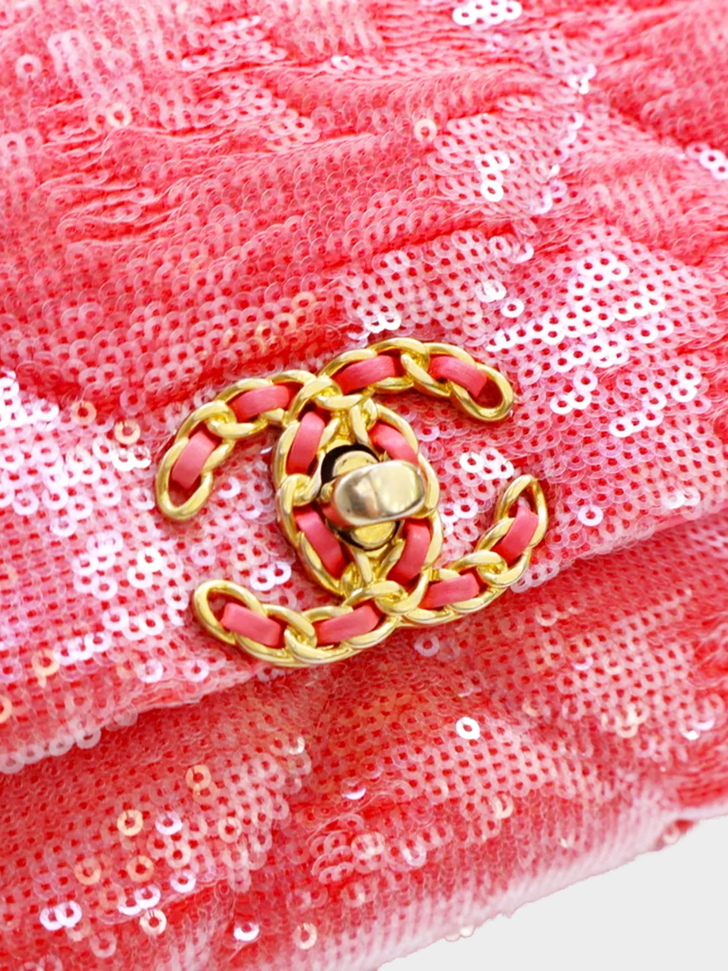 Chanel 2020-2021 19' Coral Pink Sequins Quilted Small Flap Bag