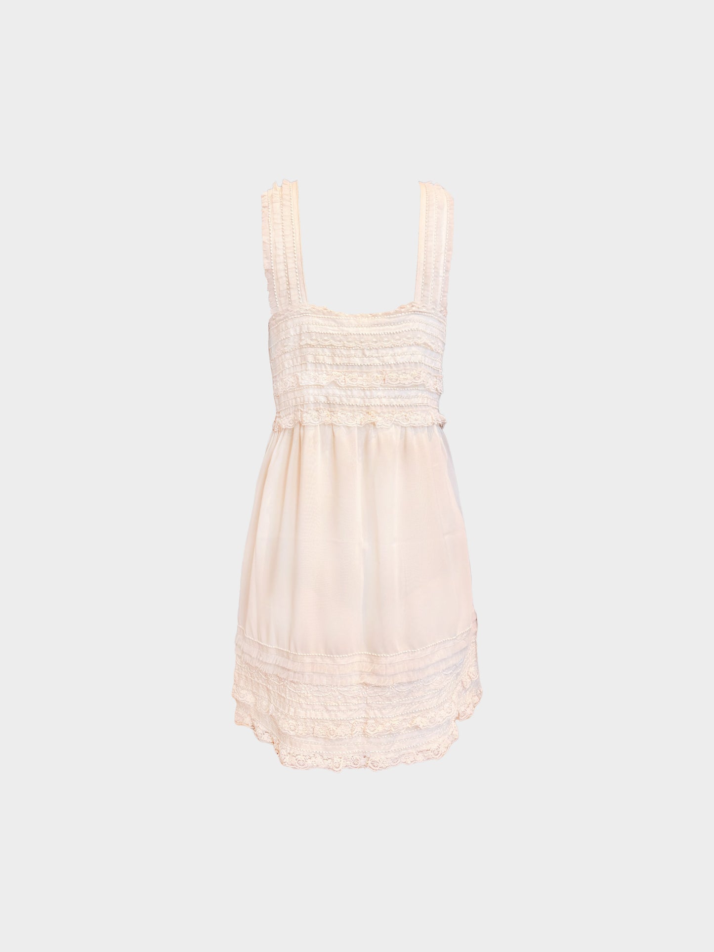 Valentino 2000s Beige Chiffon Mesh and Lace Embellished Square Neck Dress