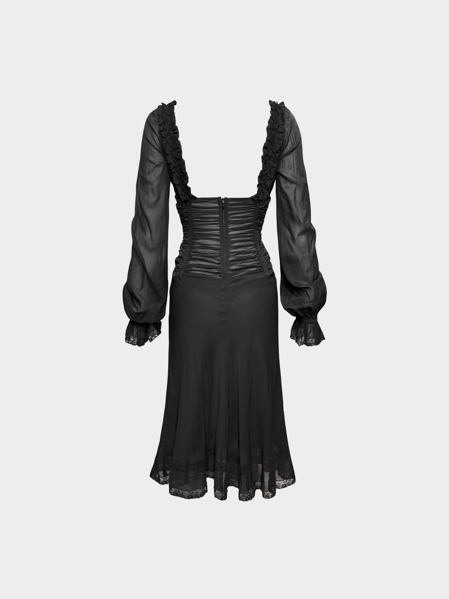 Dolce and Gabbana SS 2002 Black Silk Ruffled Long-Sleeved Runway Sample Dress