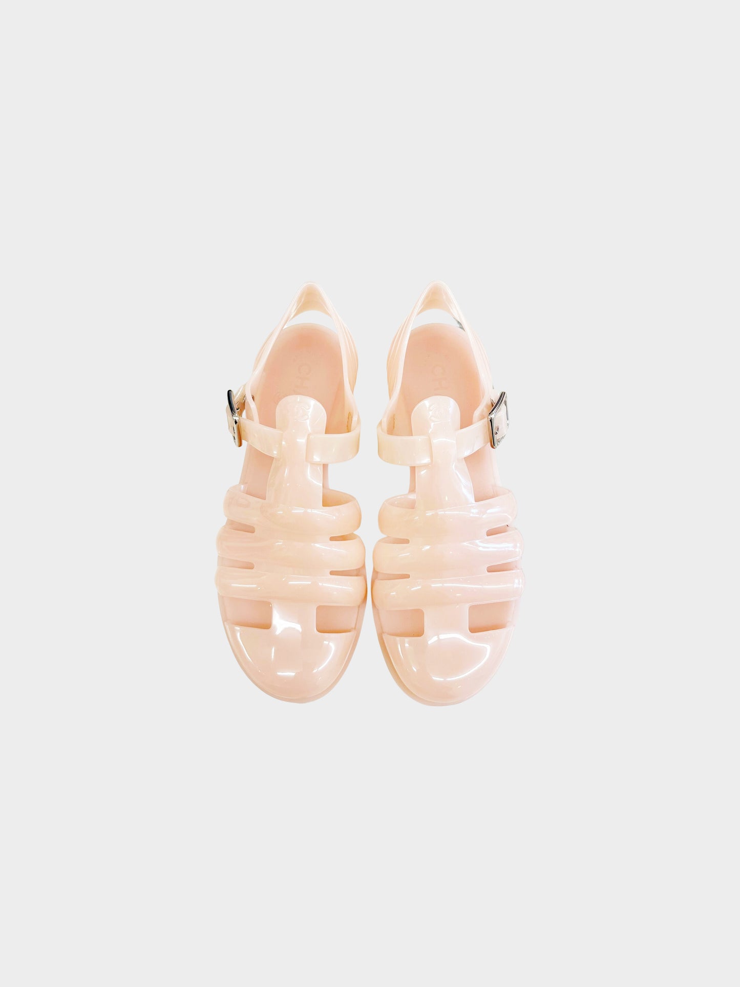 Chanel 2012 Peach Jelly CC Sandals with Silver Buckles