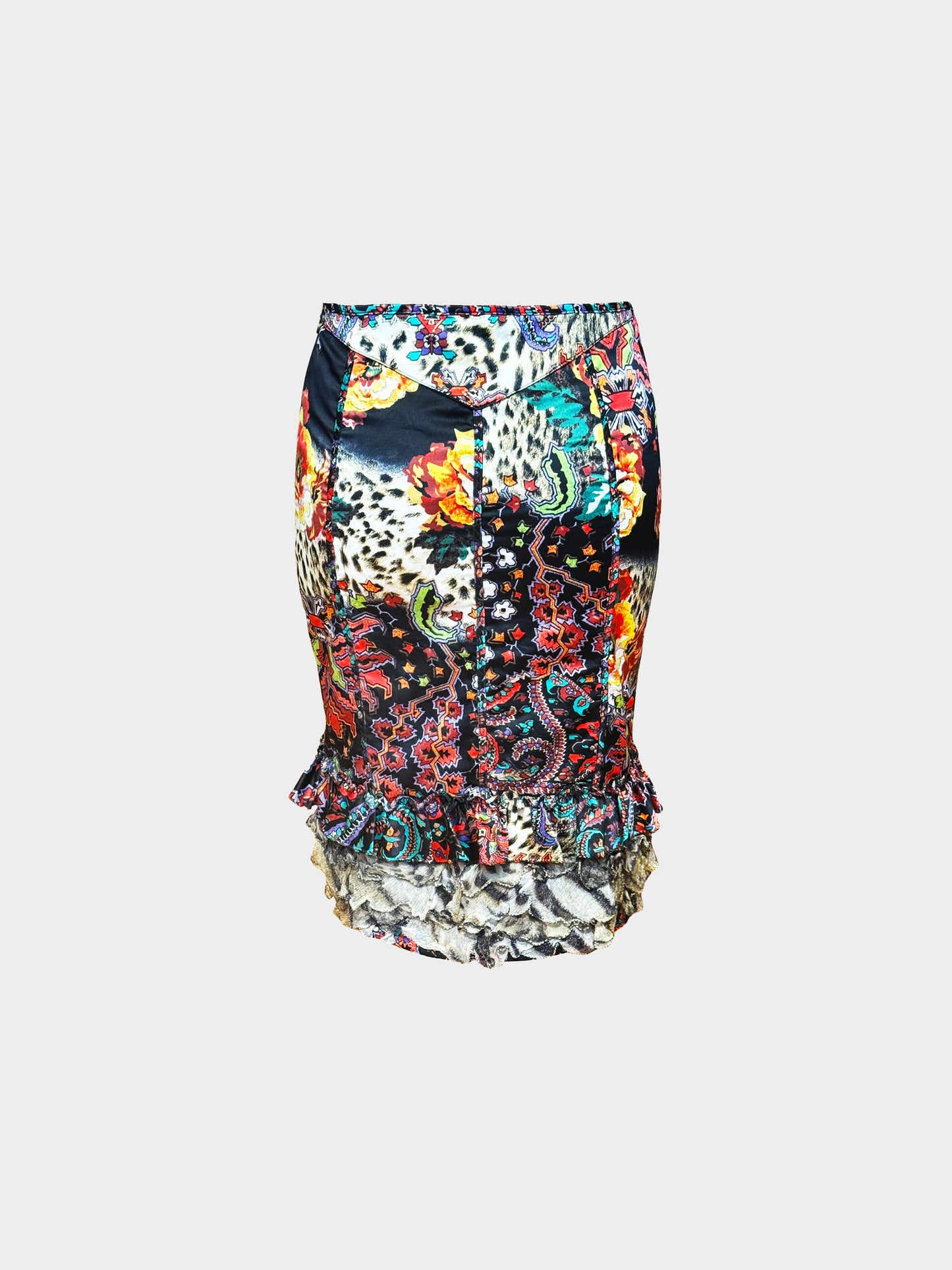 Roberto Cavalli 2000s Multicolor Floral and Leopard Print Fitted Ruffled Skirt