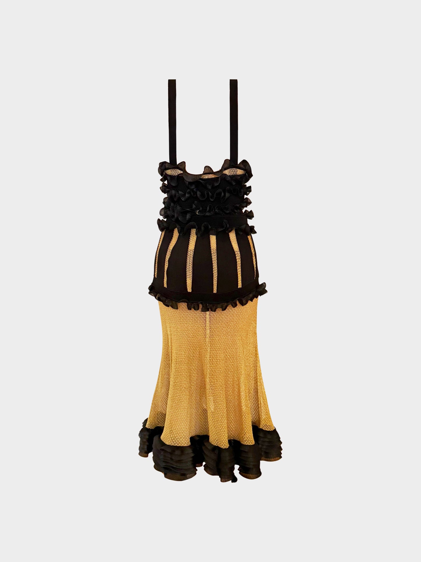 Alexander McQueen 2000s Black and Gold Mesh Knit Ruffled Long Dress