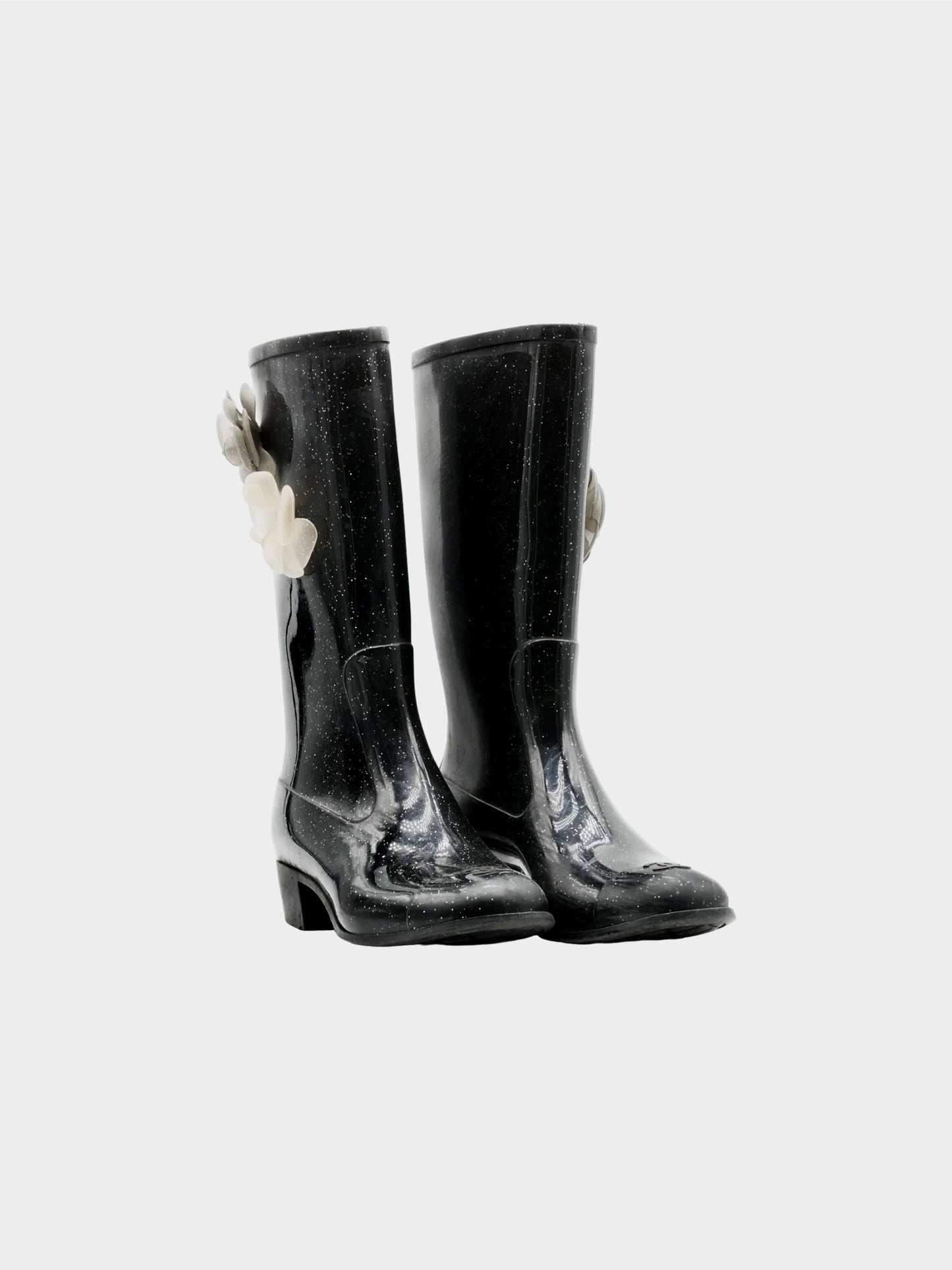 Chanel 2020 Black Glitter Rain Boots with Camellia Flowers