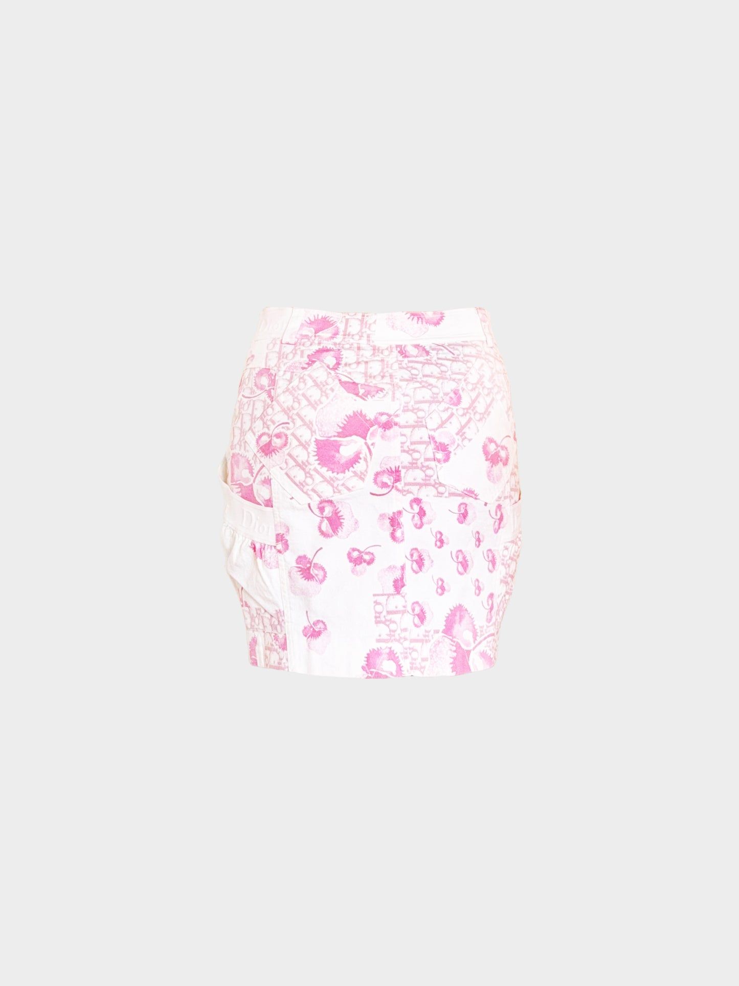 Christian Dior by John Galliano 2005 Pink and White Cherry Blossom Monogram Print Skirt