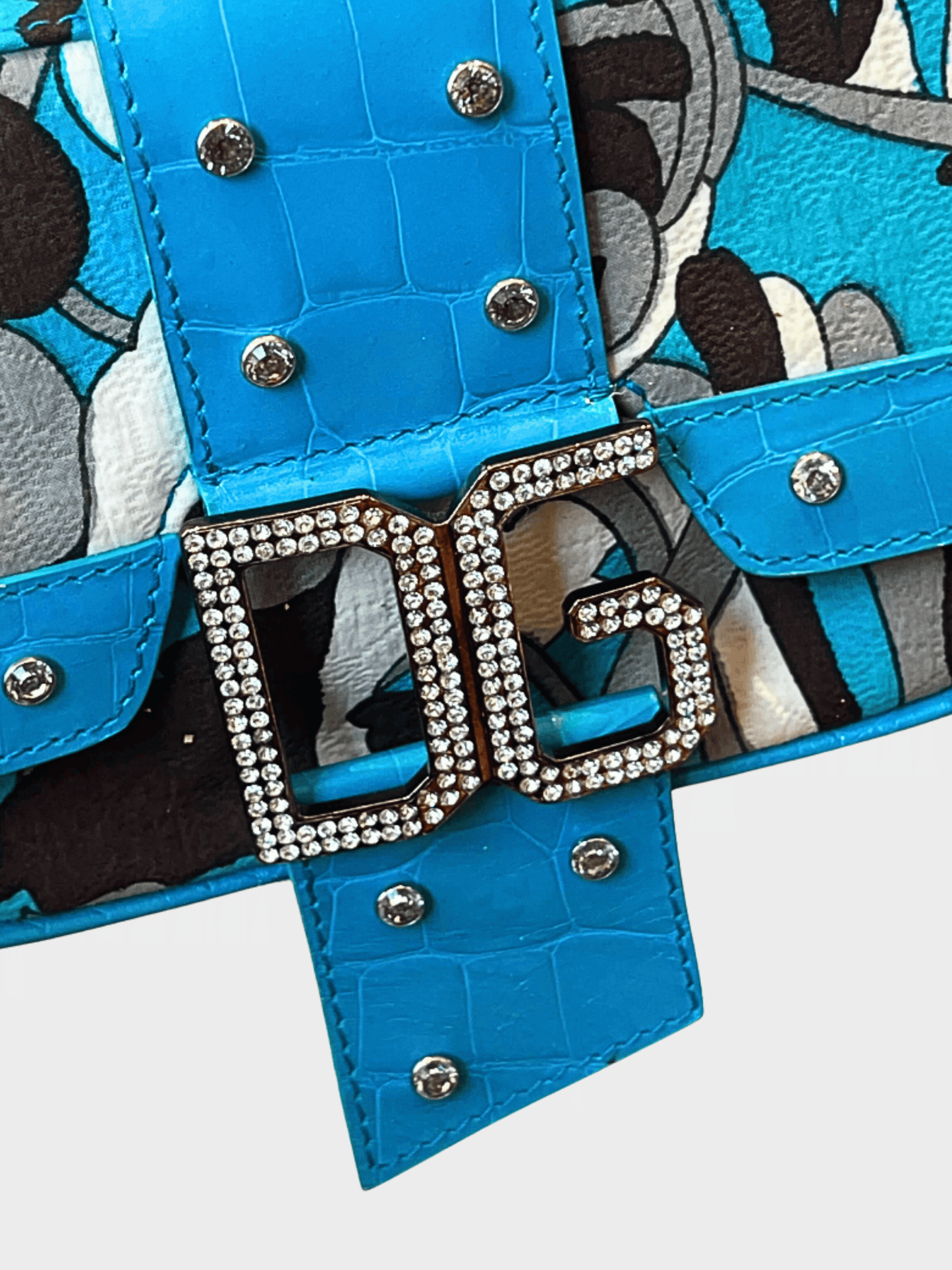 Dolce and Gabbana 2000s Blue Printed Fabric And Croc Embossed Leather DG Flap Baguette