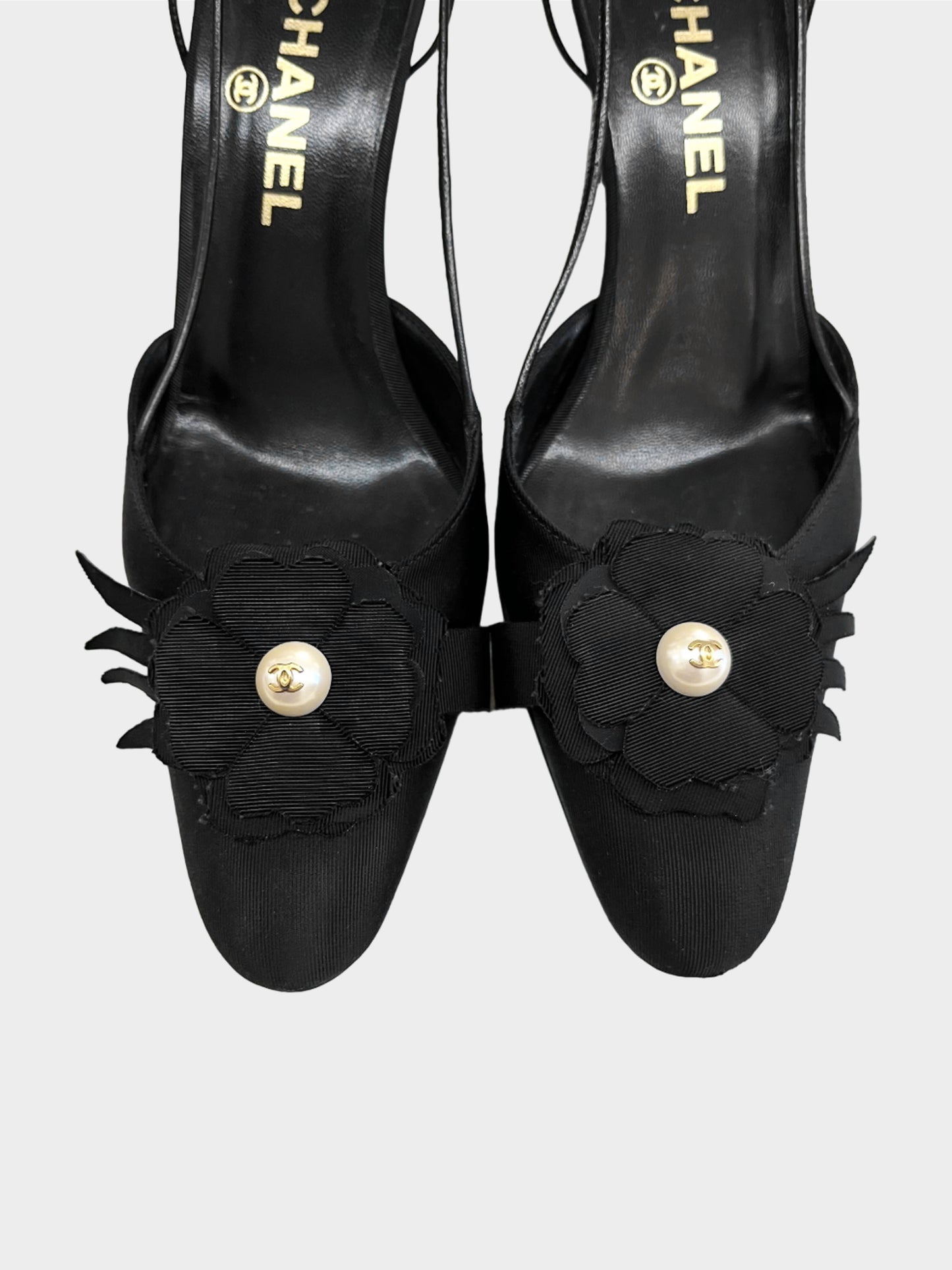 Chanel 2003 Black Grosgrain Camellia Slingback Heeled Mules