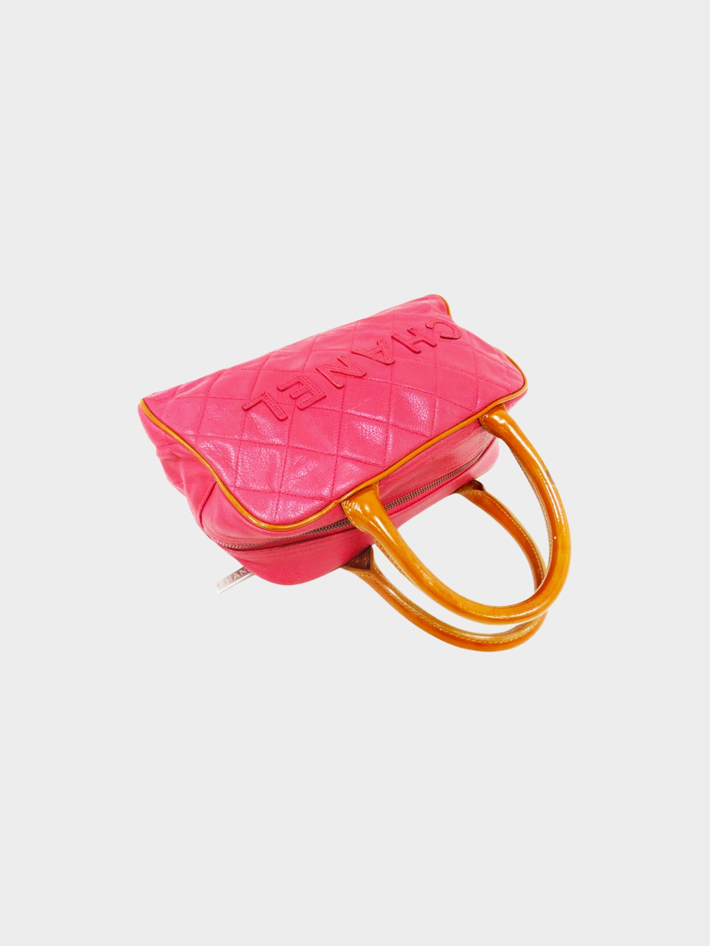 Chanel 2000-2002 Pink Quilted Caviar Leather and Brown Patent Boston Bag