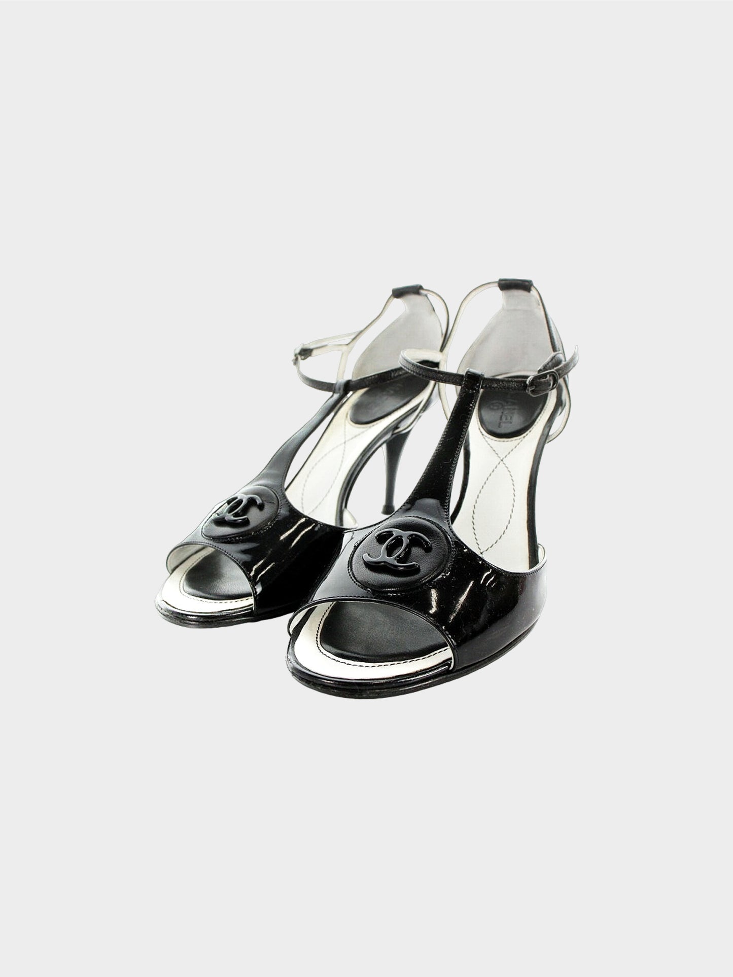 Chanel 2000s Black Patent Leather Peep Toe Heels