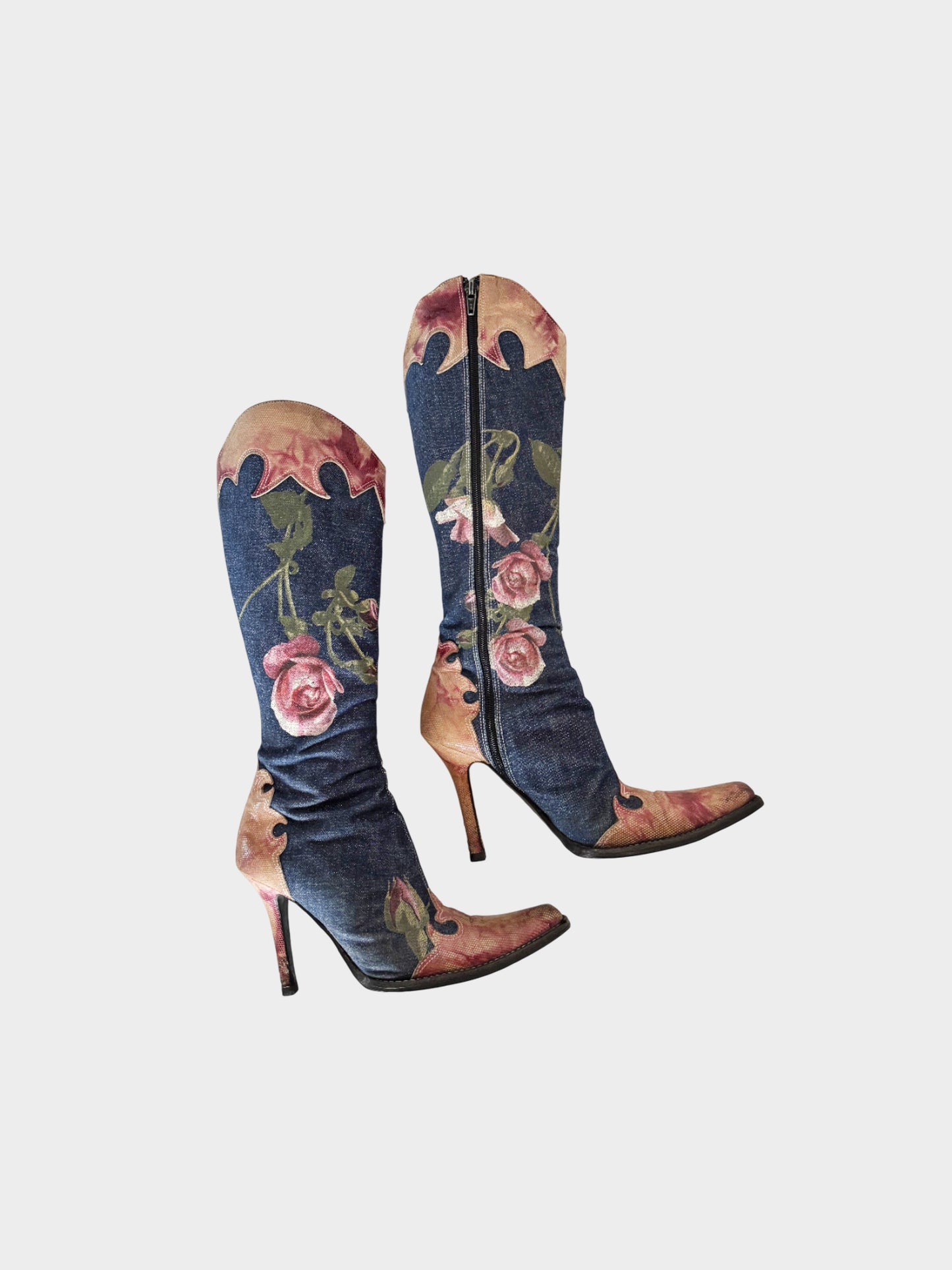 Roberto Cavalli Early 2000s Denim Floral Boots