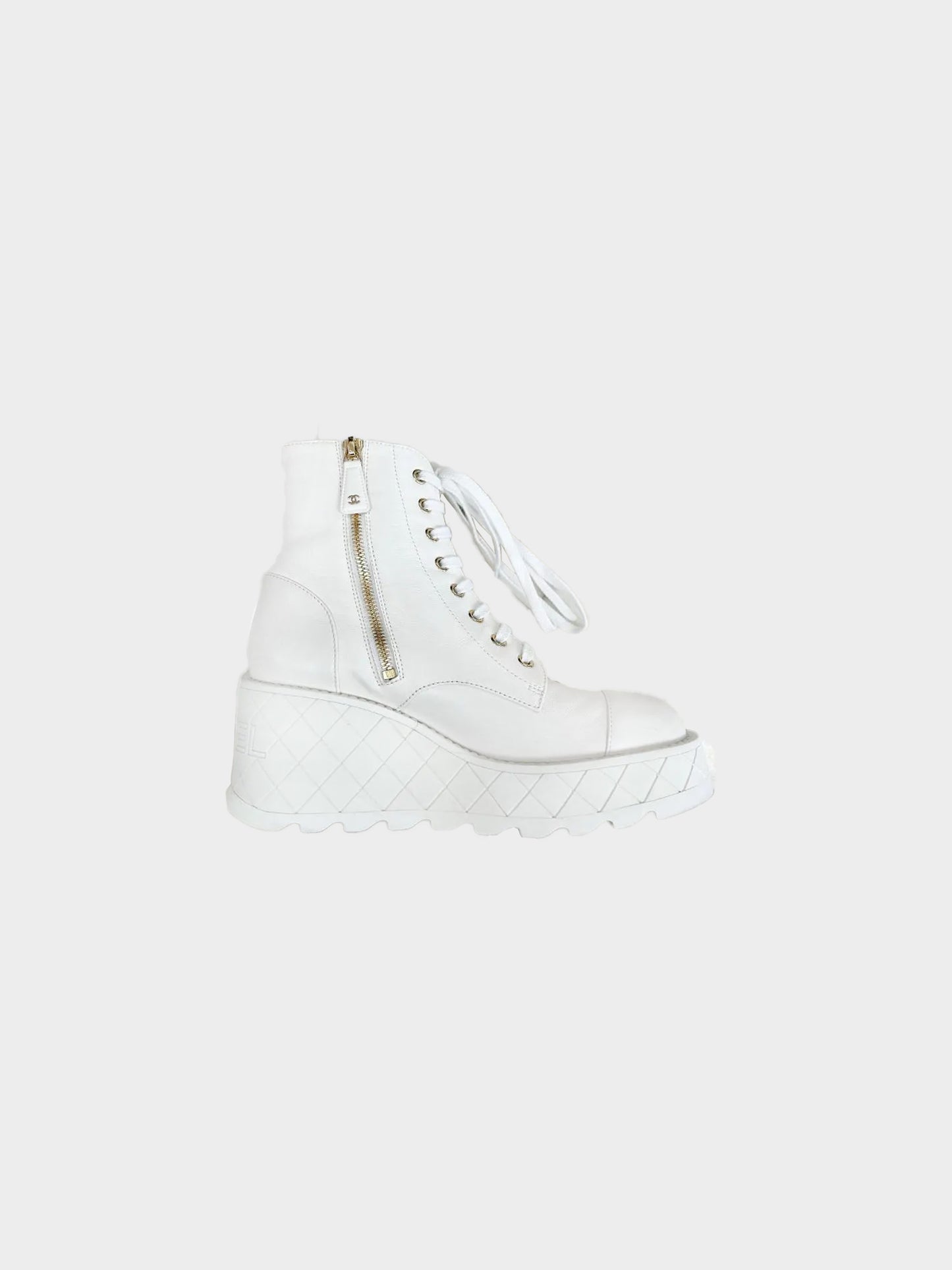 Chanel Resort 2024 White Leather Wedge Platform Combat Boots