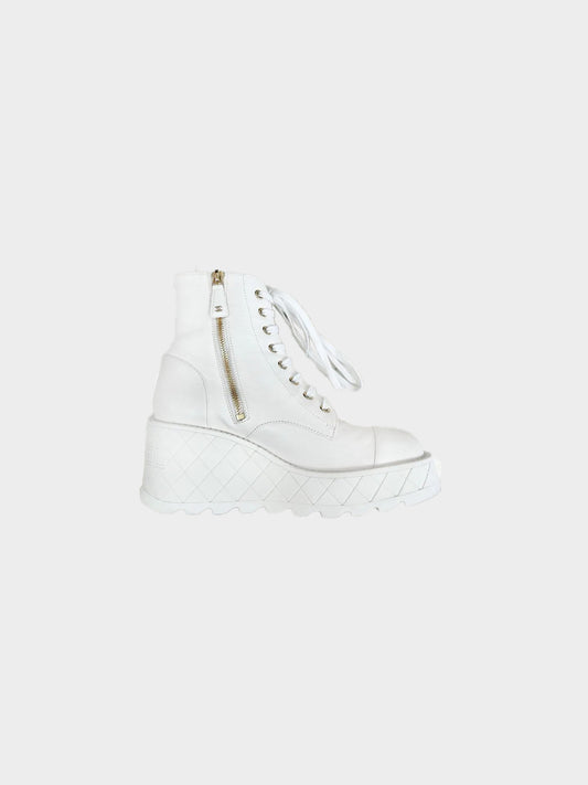 Chanel Resort 2024 White Leather Wedge Platform Combat Boots