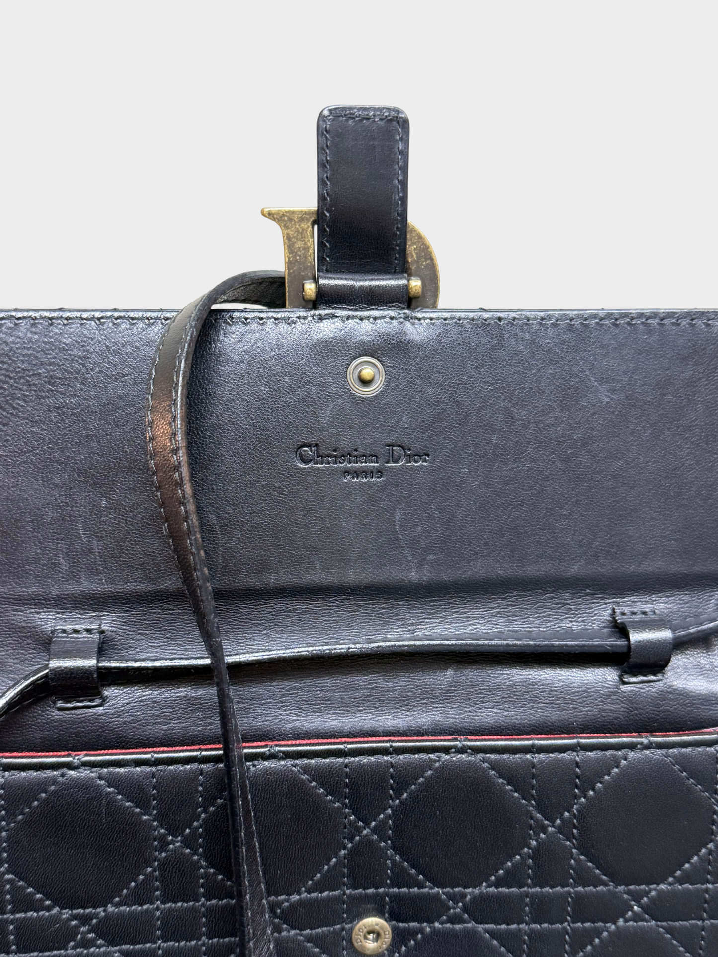 Christian Dior 2007 Noir Cannage Lambskin D-Buckle Flap Wallet
