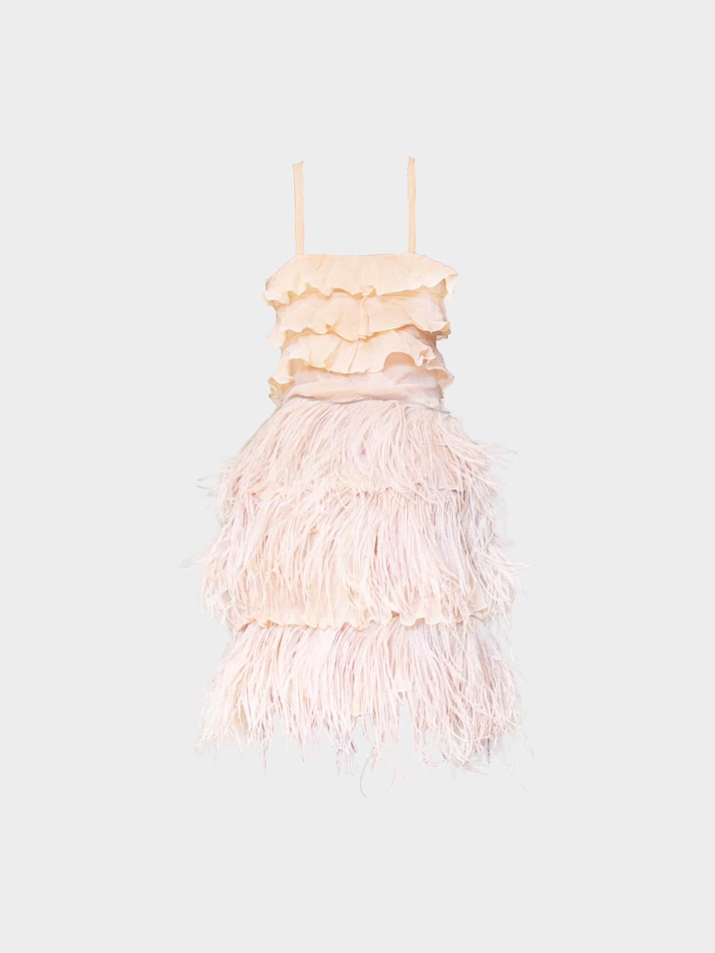 Blumarine 2000s Blugirl Beige Chiffon Sequin Embroidered and Tiered Fringe Dress