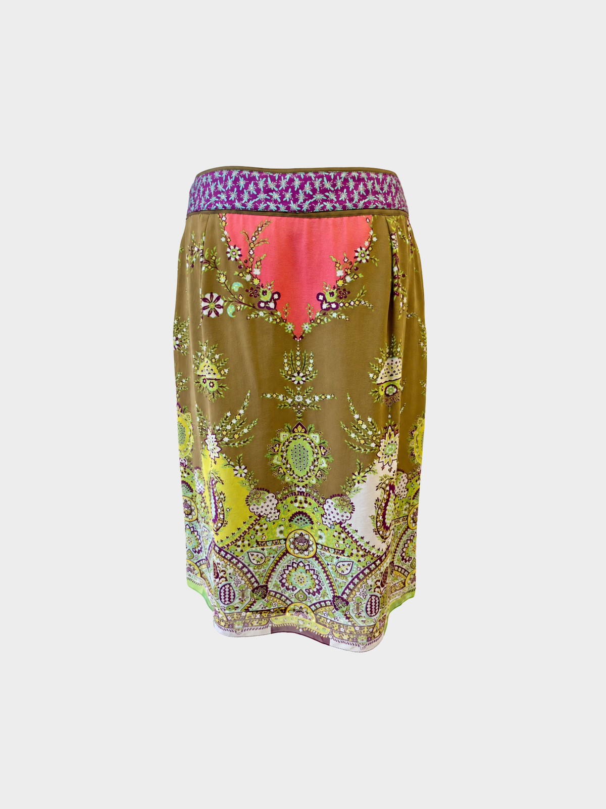 Etro 2000s Green Pink Purple Silk Chiffon Pleated Belted Skirt