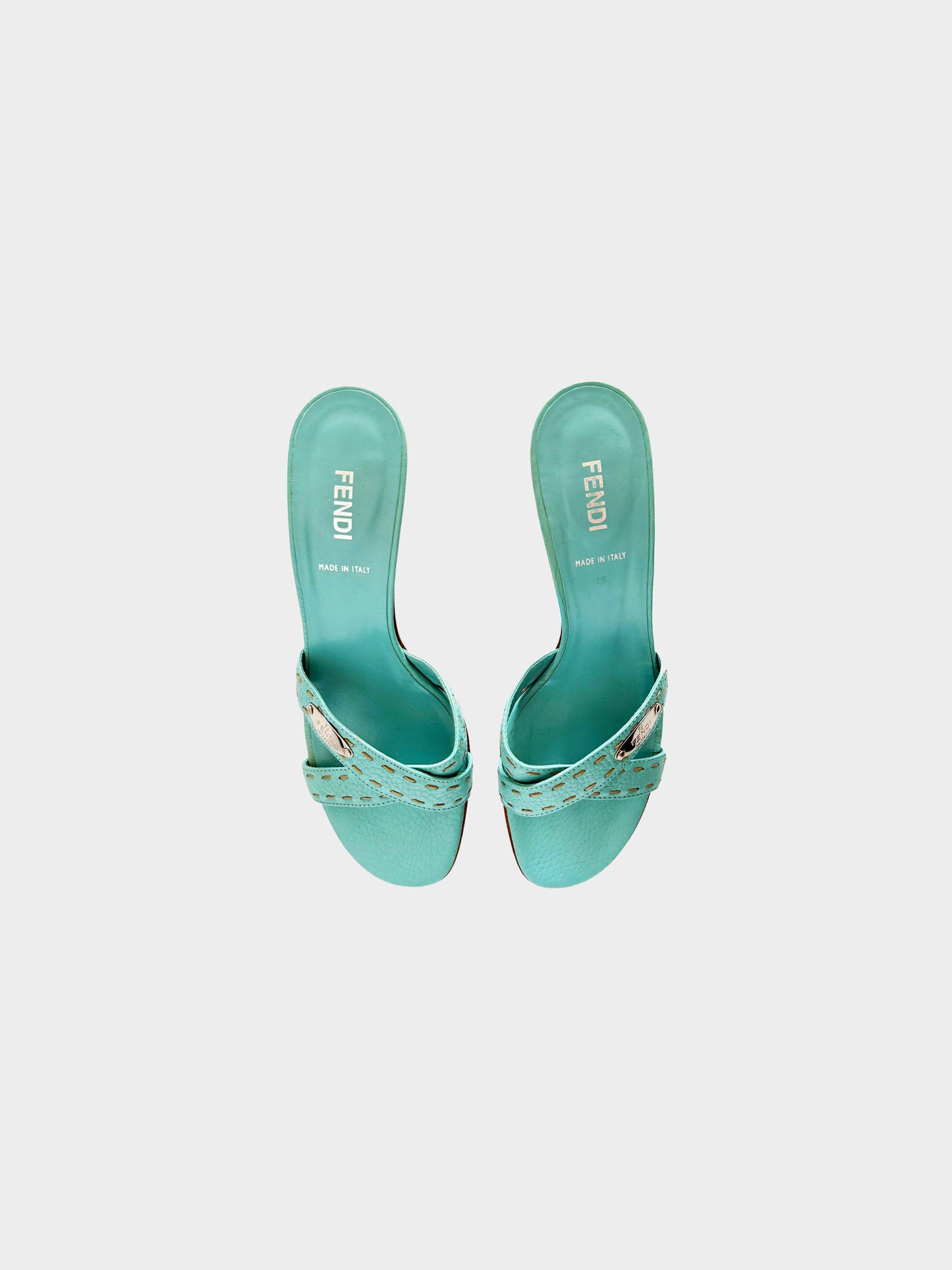 Fendi 2000s Turquoise Selleria Crossed Strap Kitten Heels