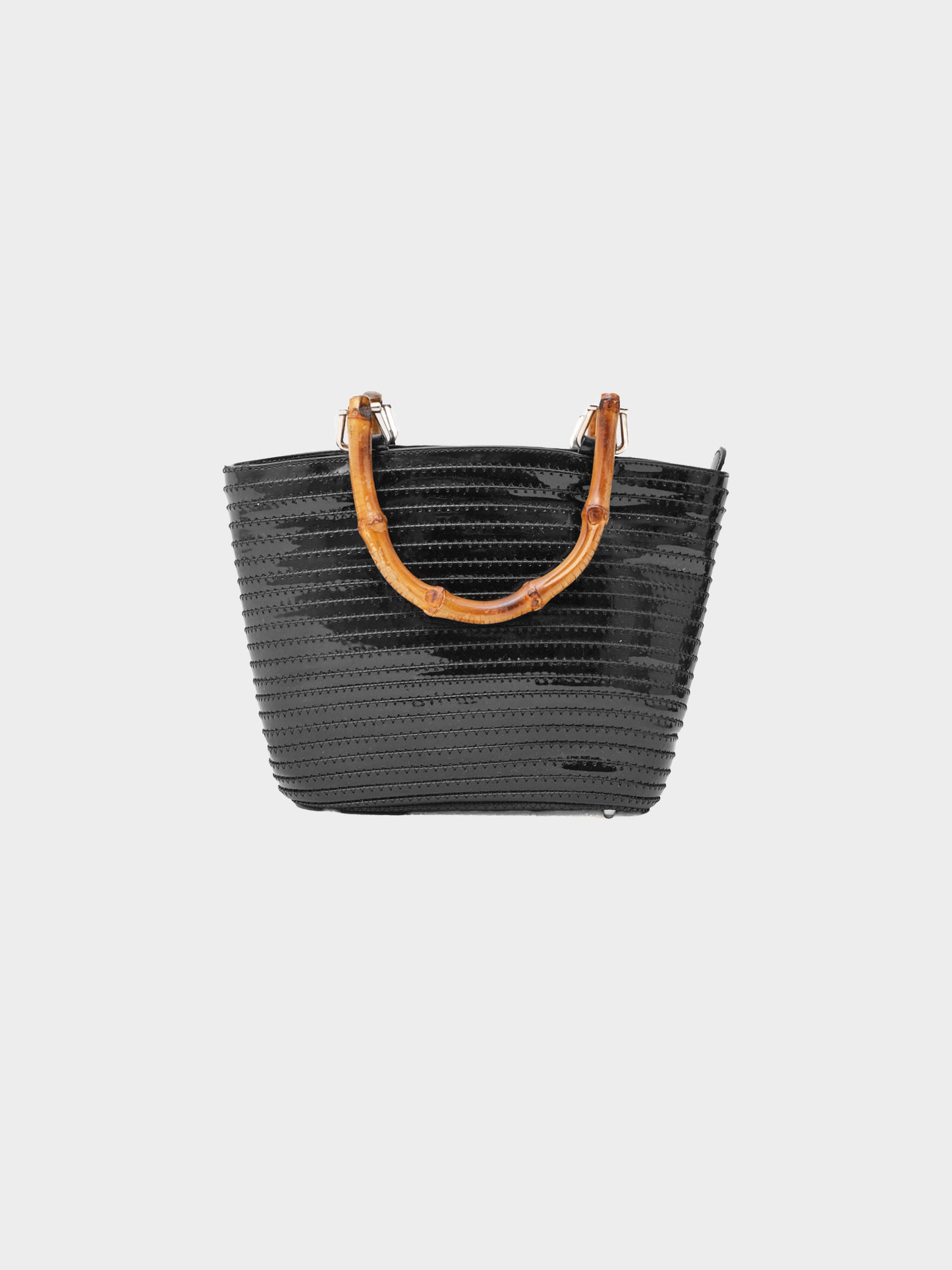 Gucci 1990-2000s Black Stitched Patent Leather Bamboo Tote Bag